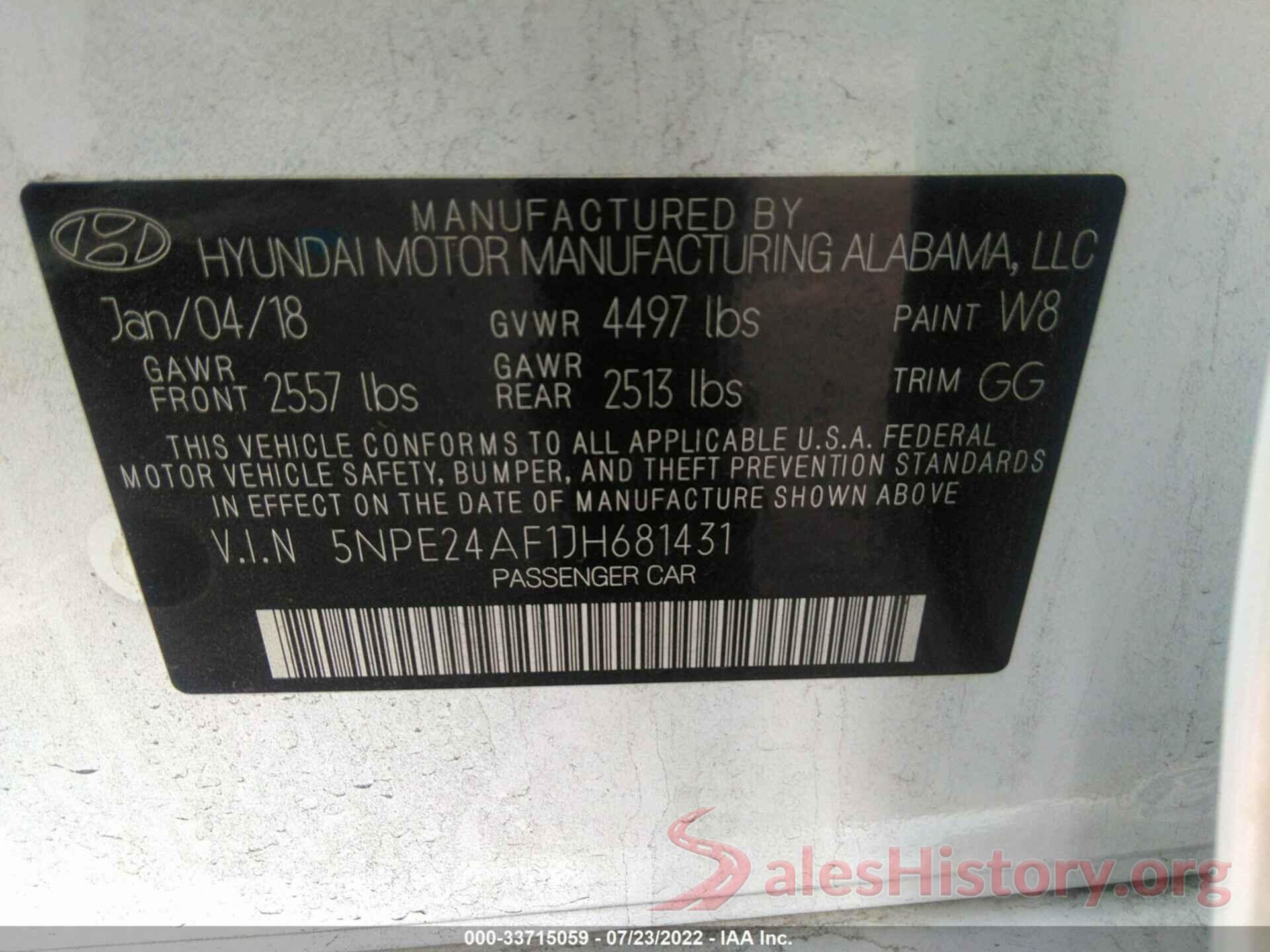 5NPE24AF1JH681431 2018 HYUNDAI SONATA