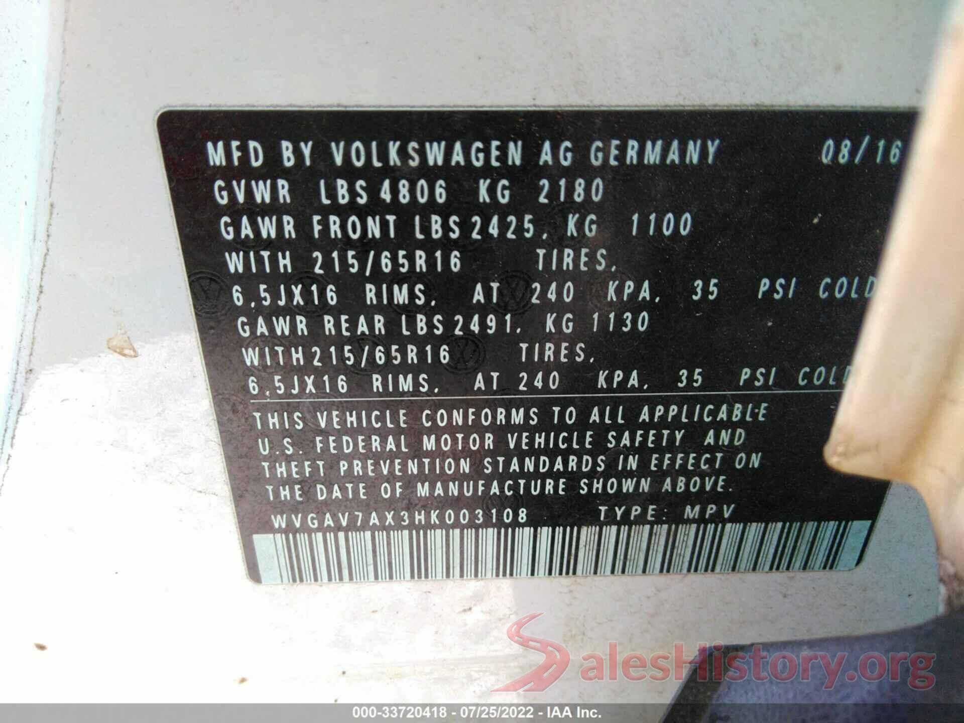 WVGAV7AX3HK003108 2017 VOLKSWAGEN TIGUAN