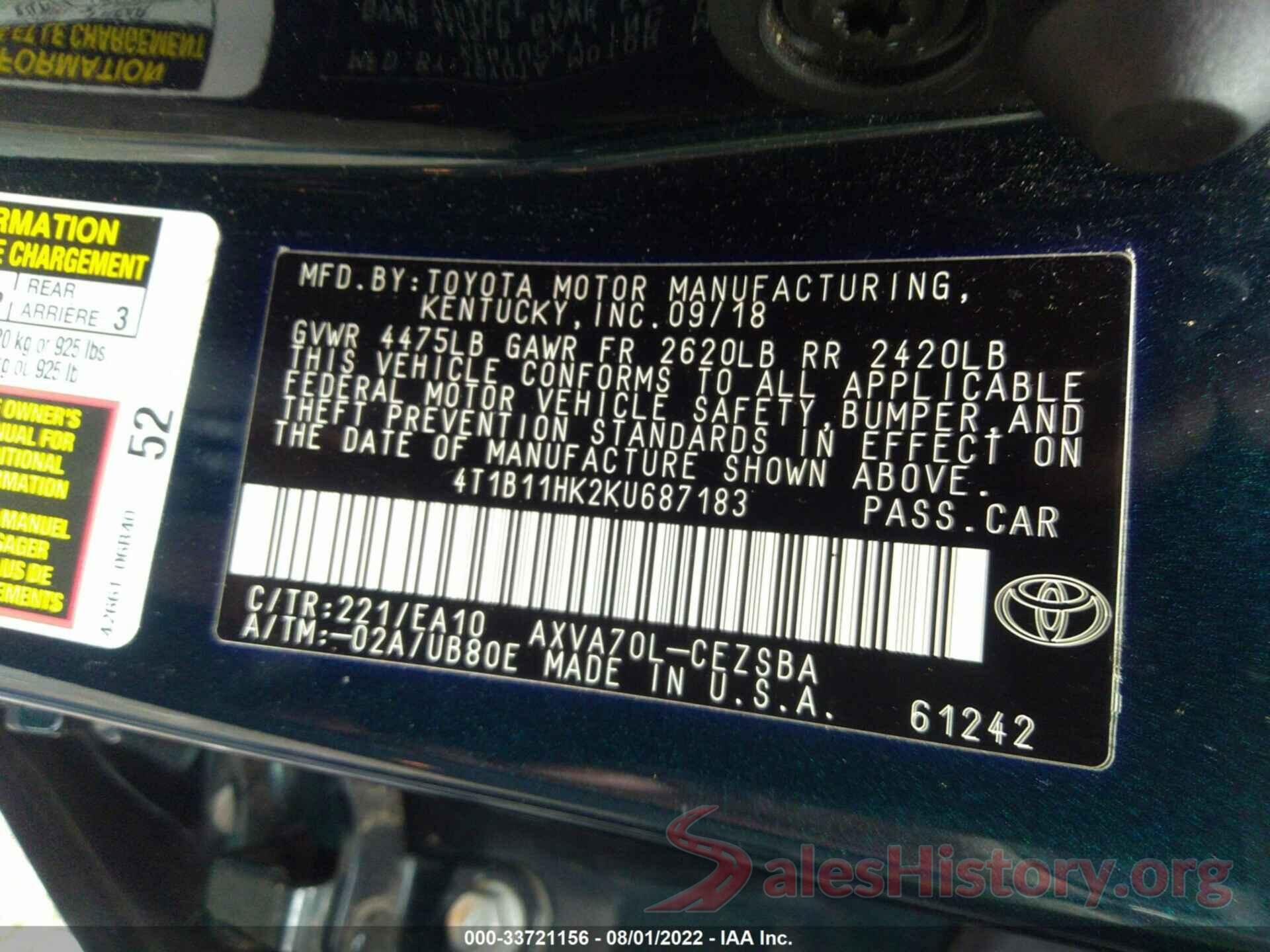 4T1B11HK2KU687183 2019 TOYOTA CAMRY