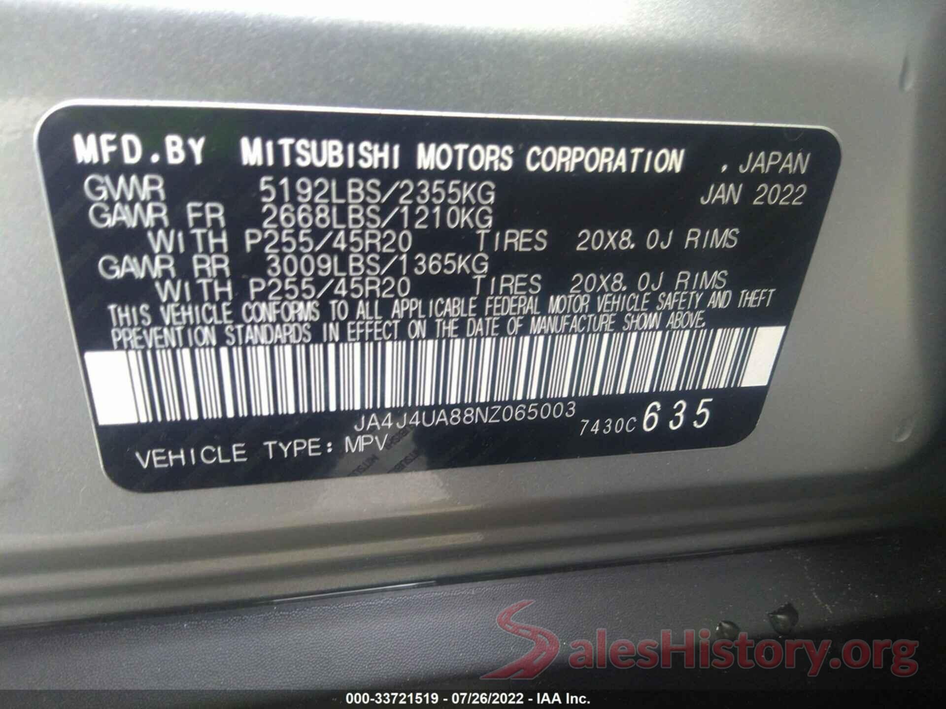 JA4J4UA88NZ065003 2022 MITSUBISHI OUTLANDER