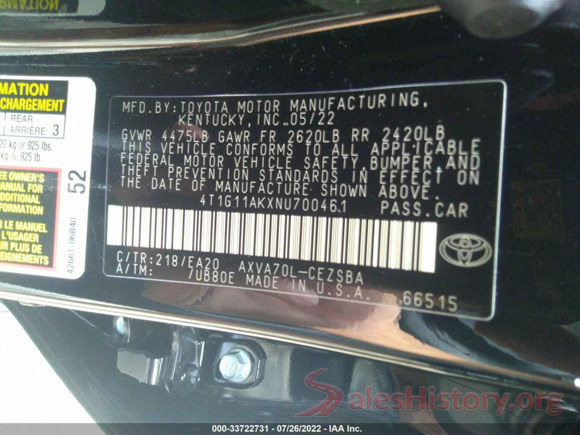 4T1G11AKXNU700461 2022 TOYOTA CAMRY