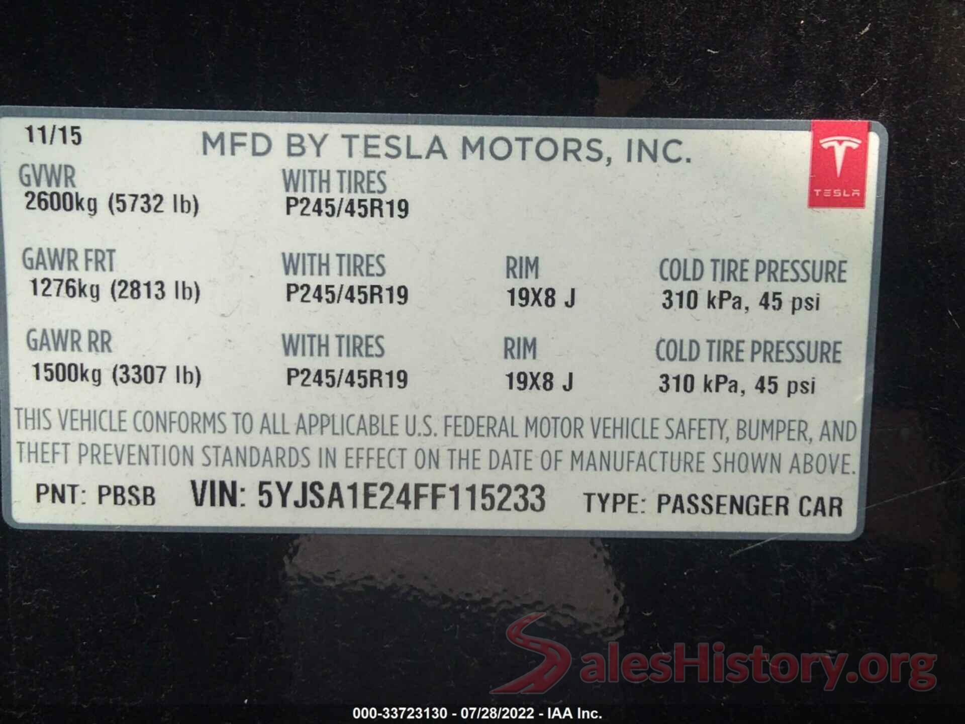 5YJSA1E24FF115233 2015 TESLA MODEL S