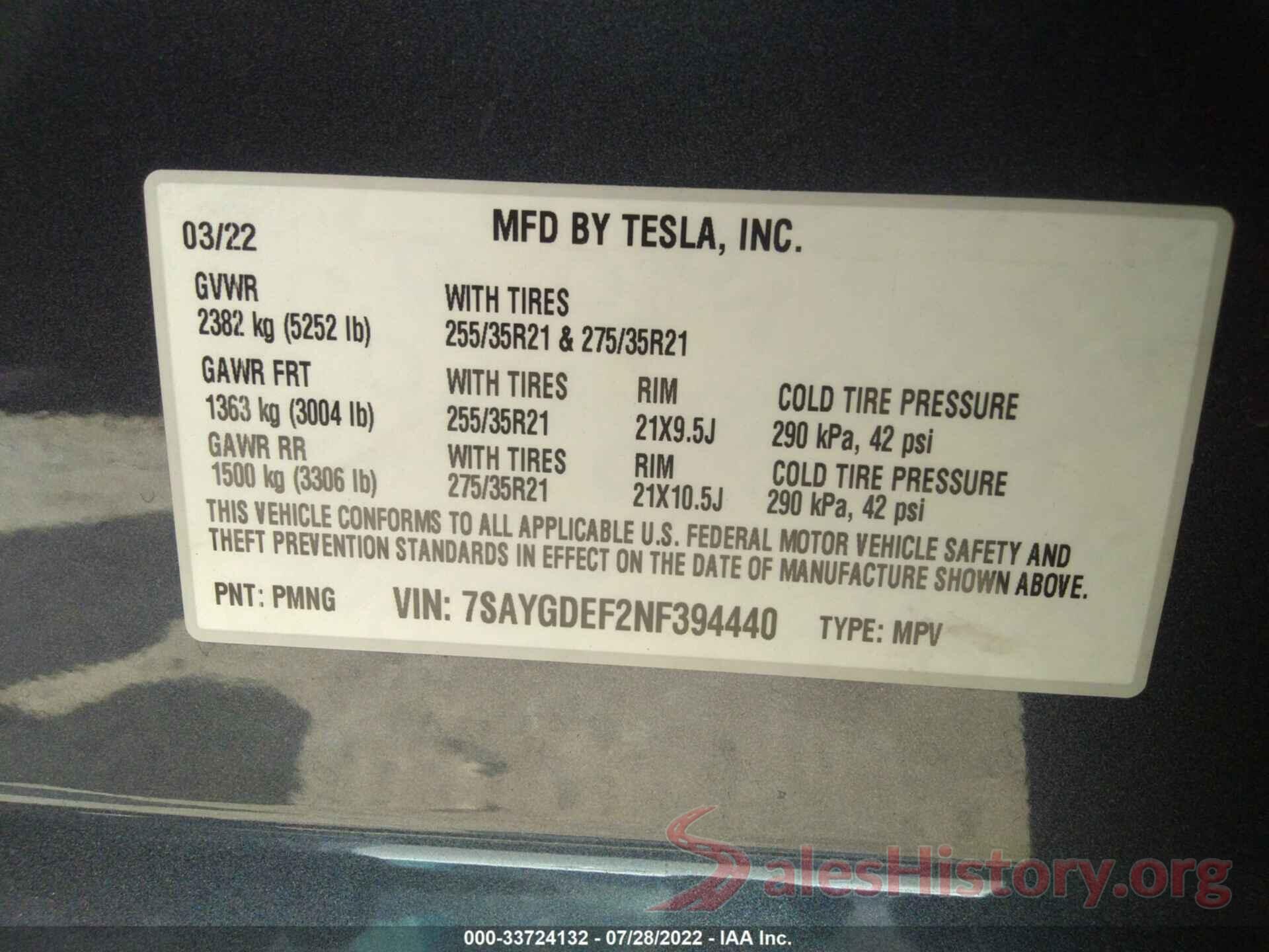 7SAYGDEF2NF394440 2022 TESLA MODEL Y