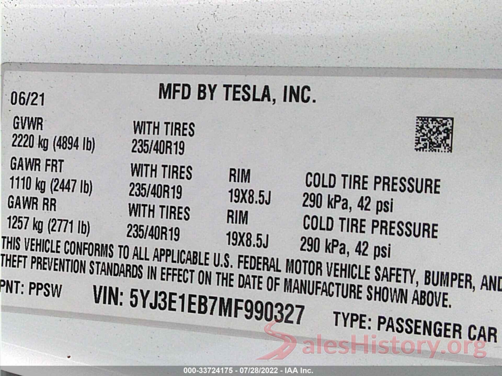 5YJ3E1EB7MF990327 2021 TESLA MODEL 3