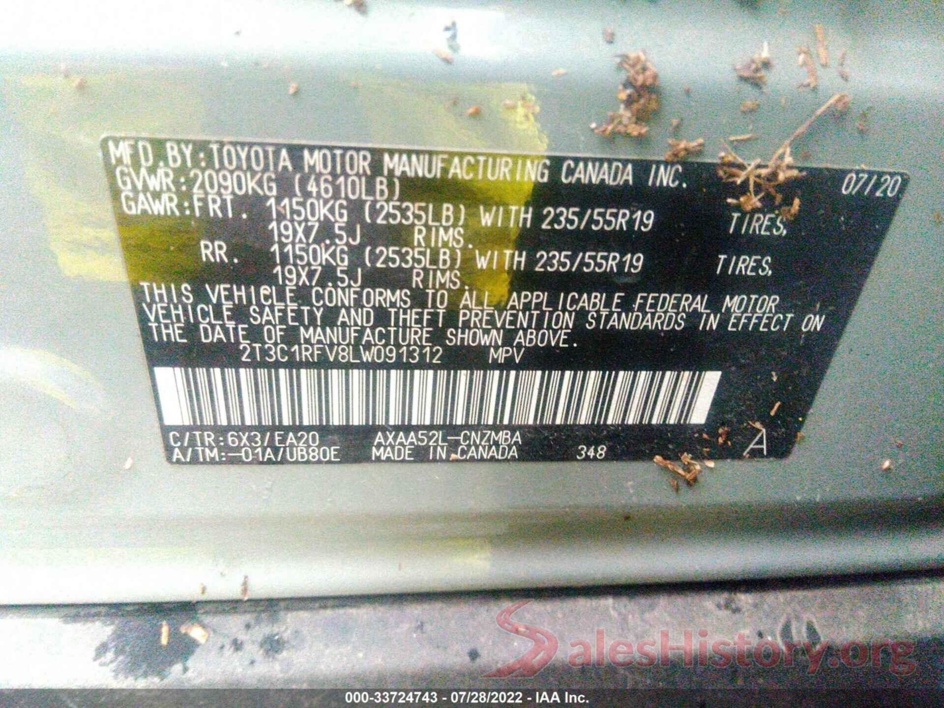 2T3C1RFV8LW091312 2020 TOYOTA RAV4