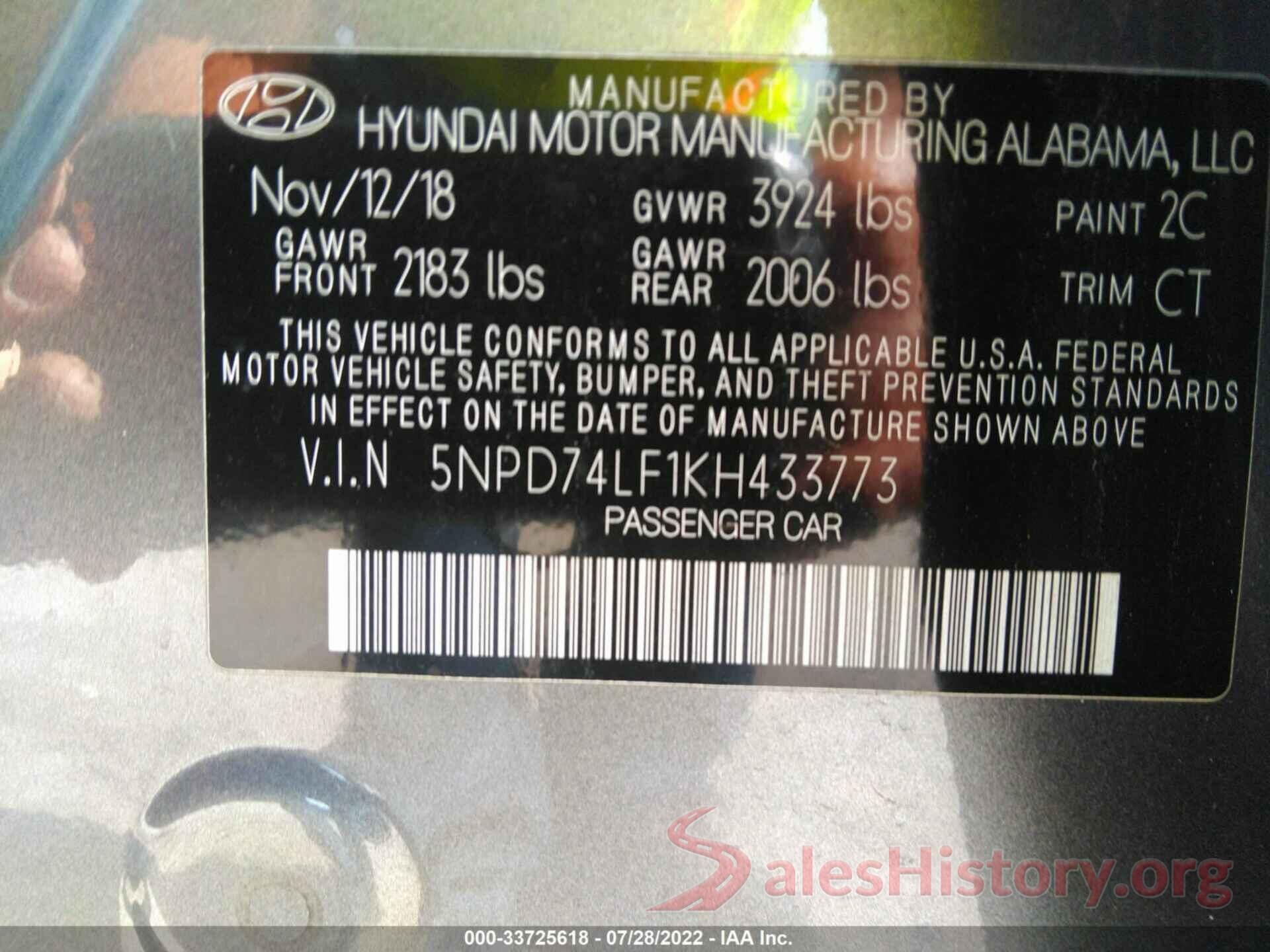 5NPD74LF1KH433773 2019 HYUNDAI ELANTRA