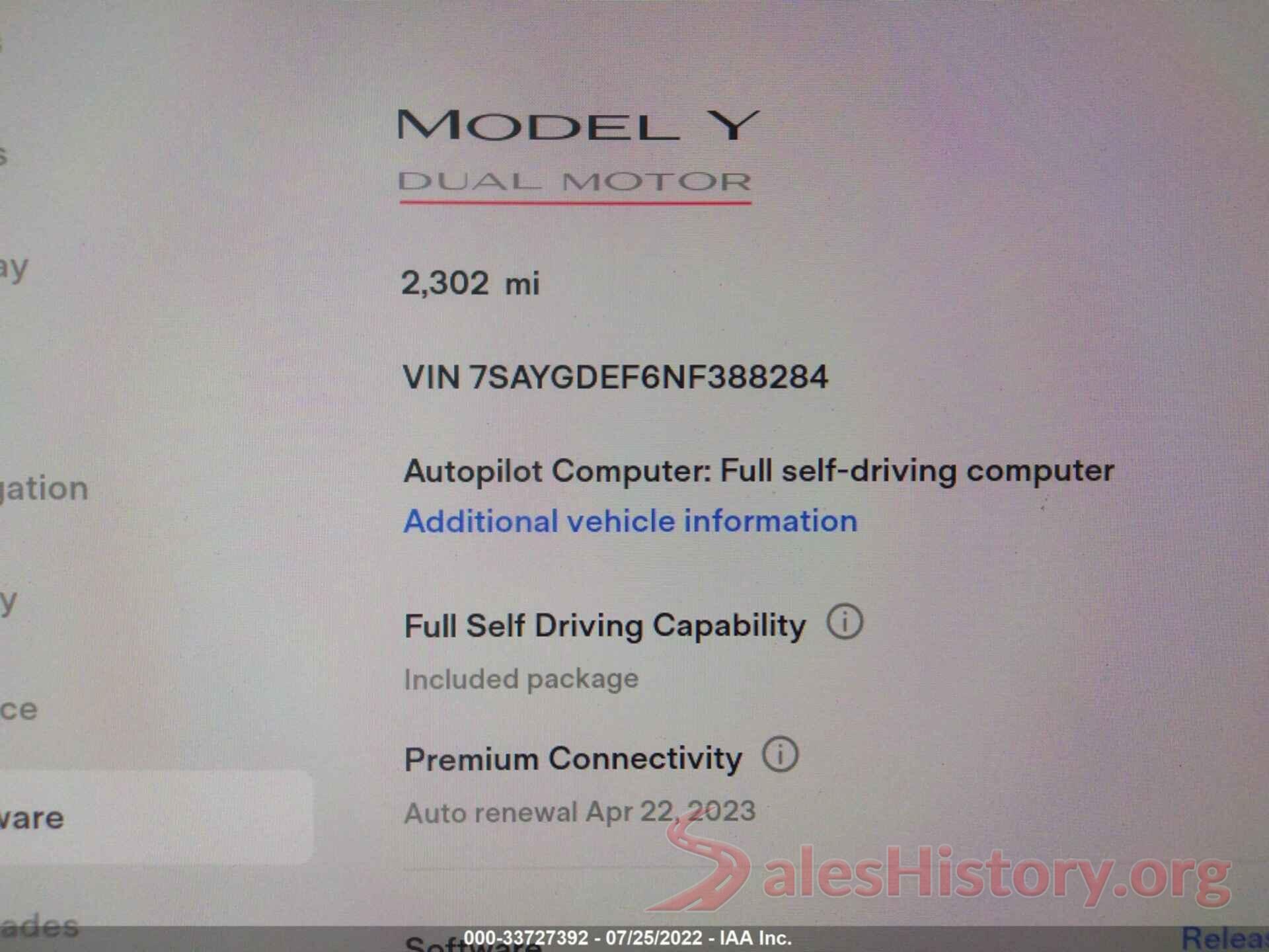 7SAYGDEF6NF388284 2022 TESLA MODEL Y