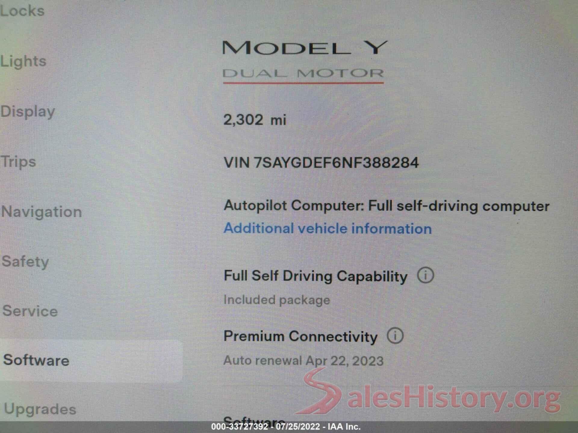 7SAYGDEF6NF388284 2022 TESLA MODEL Y