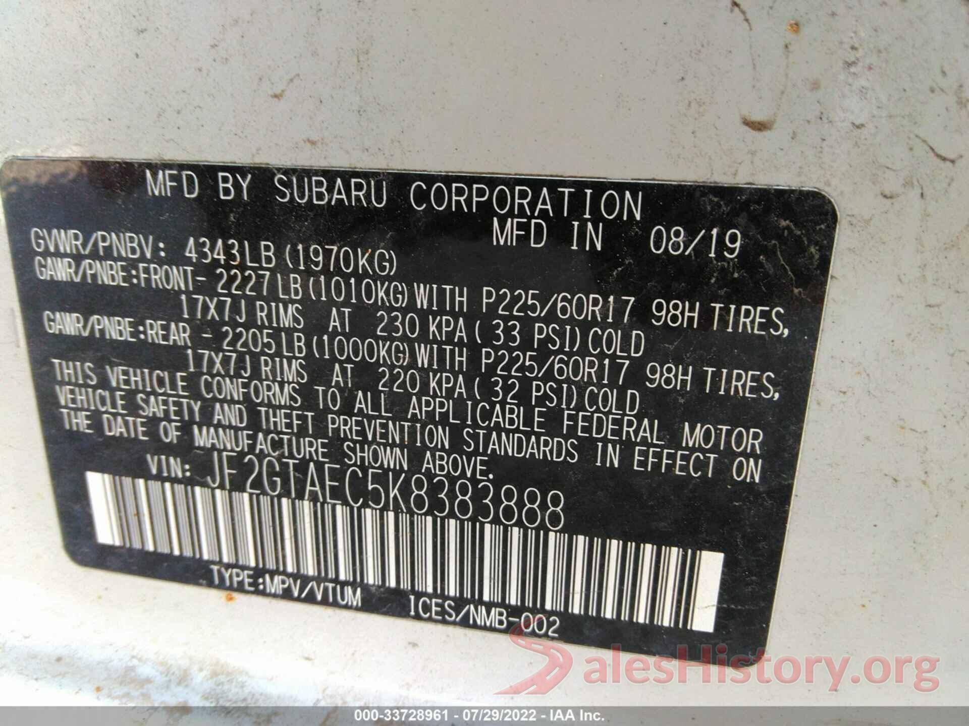 JF2GTAEC5K8383888 2019 SUBARU CROSSTREK