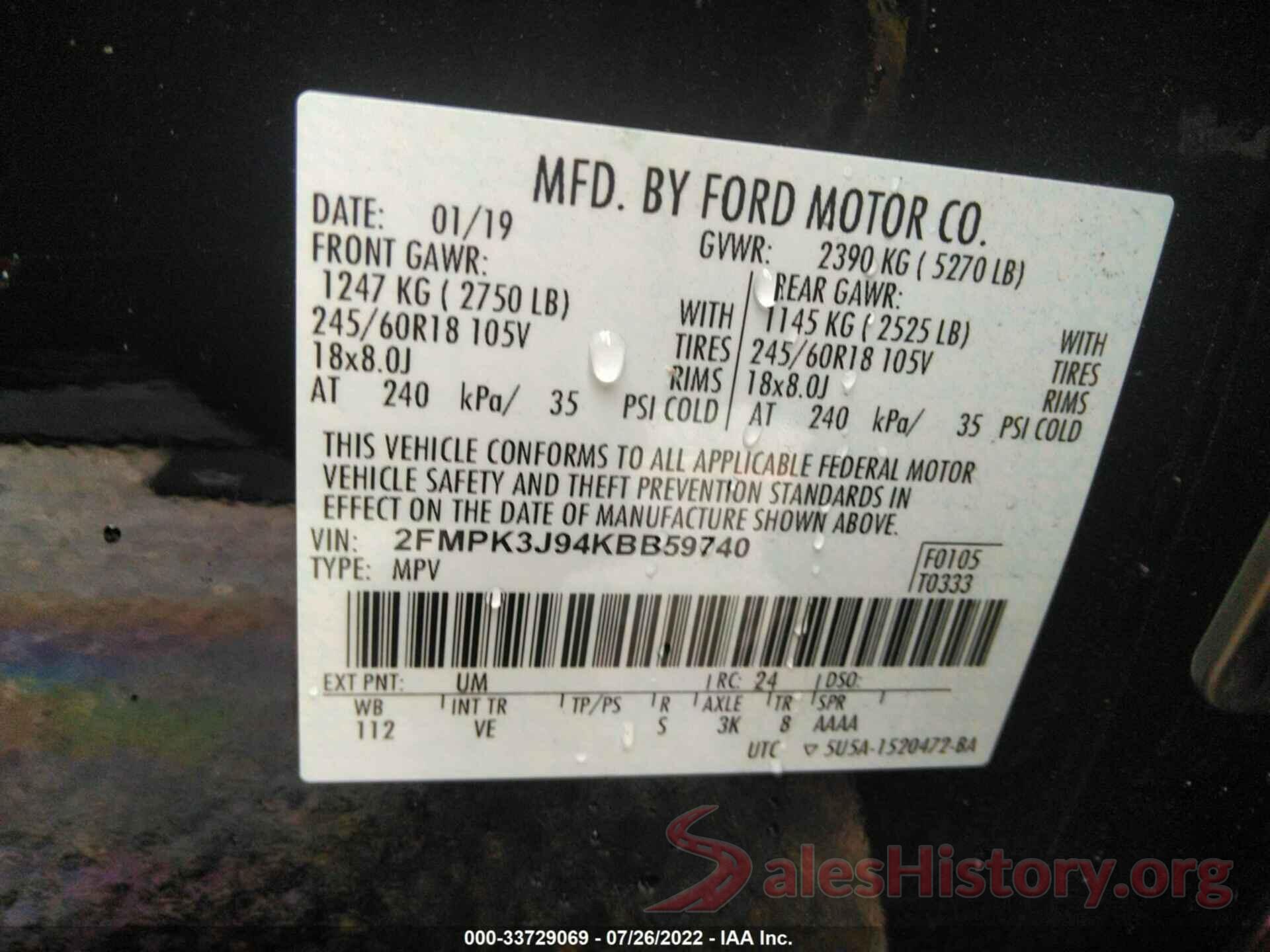 2FMPK3J94KBB59740 2019 FORD EDGE