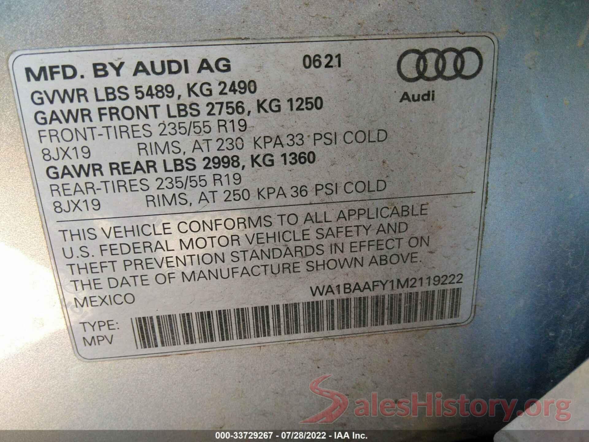 WA1BAAFY1M2119222 2021 AUDI Q5