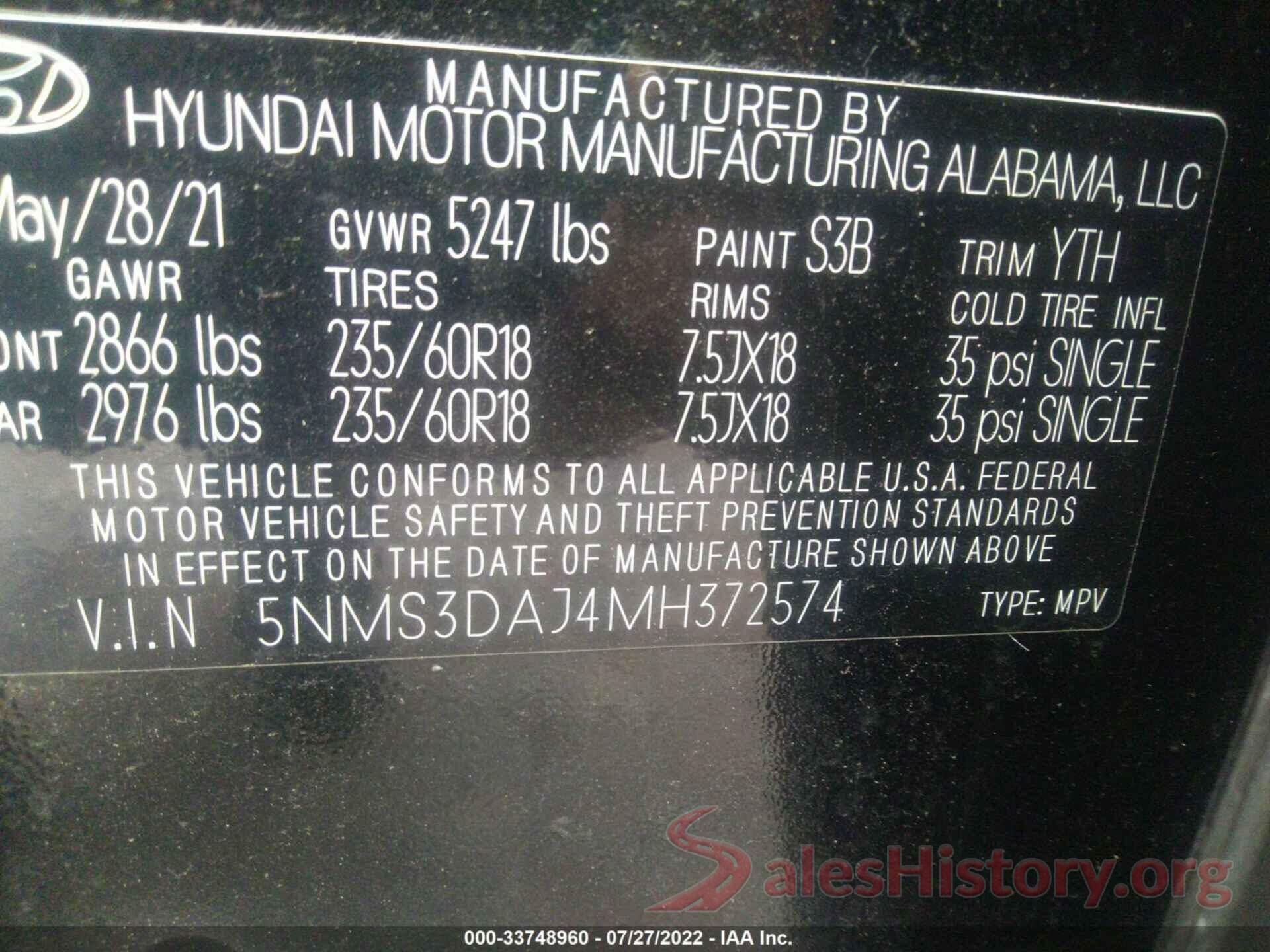 5NMS3DAJ4MH372574 2021 HYUNDAI SANTA FE