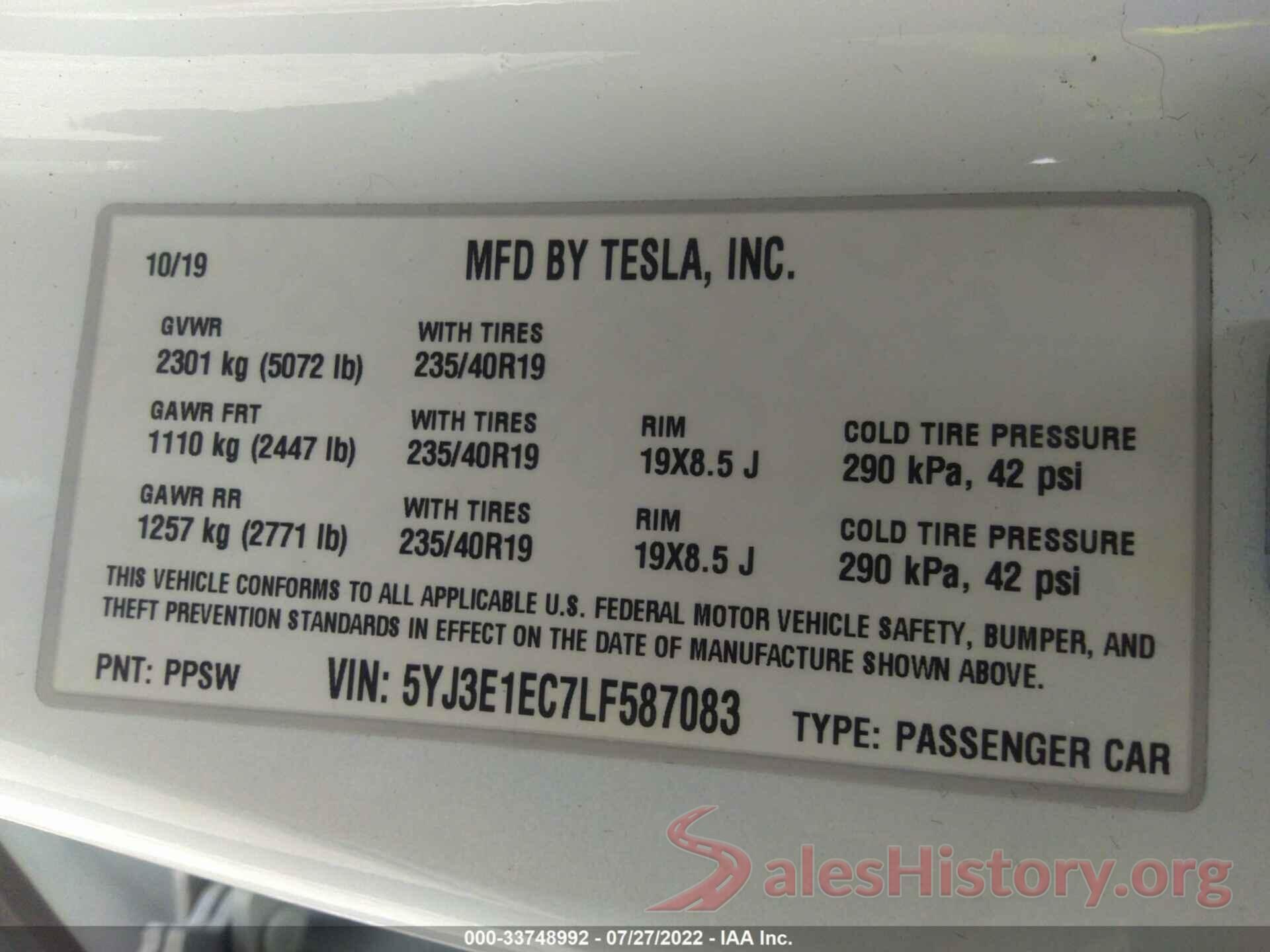 5YJ3E1EC7LF587083 2020 TESLA MODEL 3