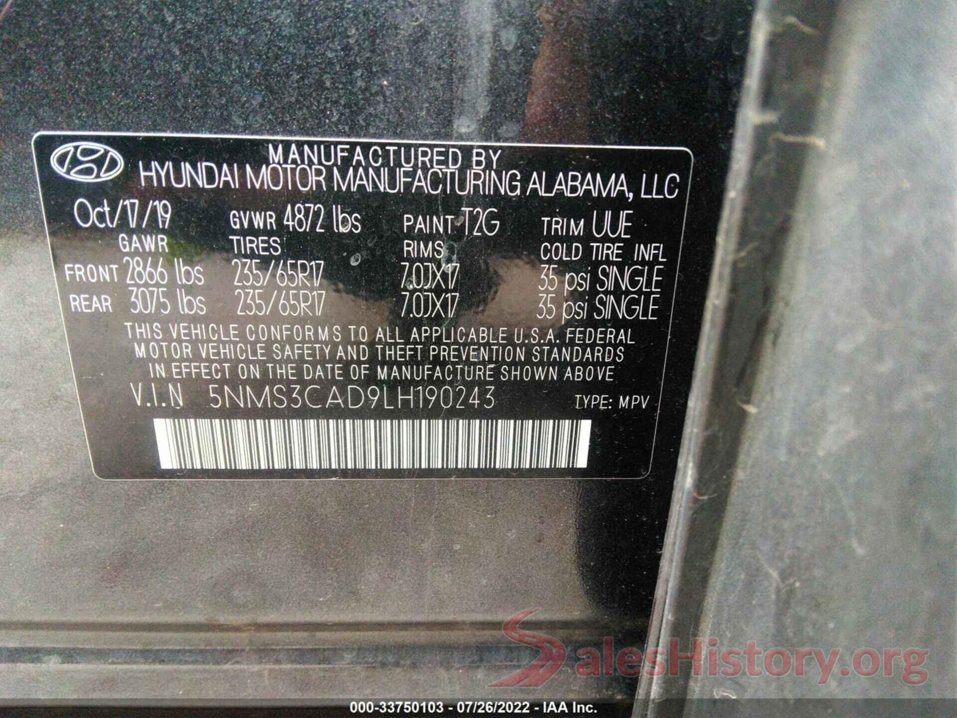 5NMS3CAD9LH190243 2020 HYUNDAI SANTA FE