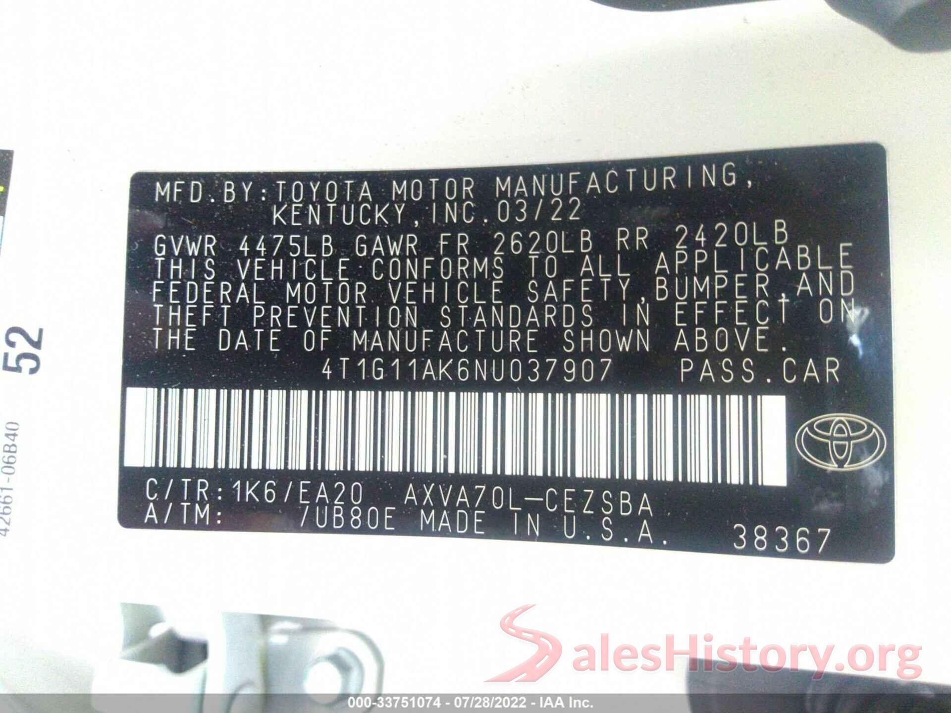 4T1G11AK6NU037907 2022 TOYOTA CAMRY