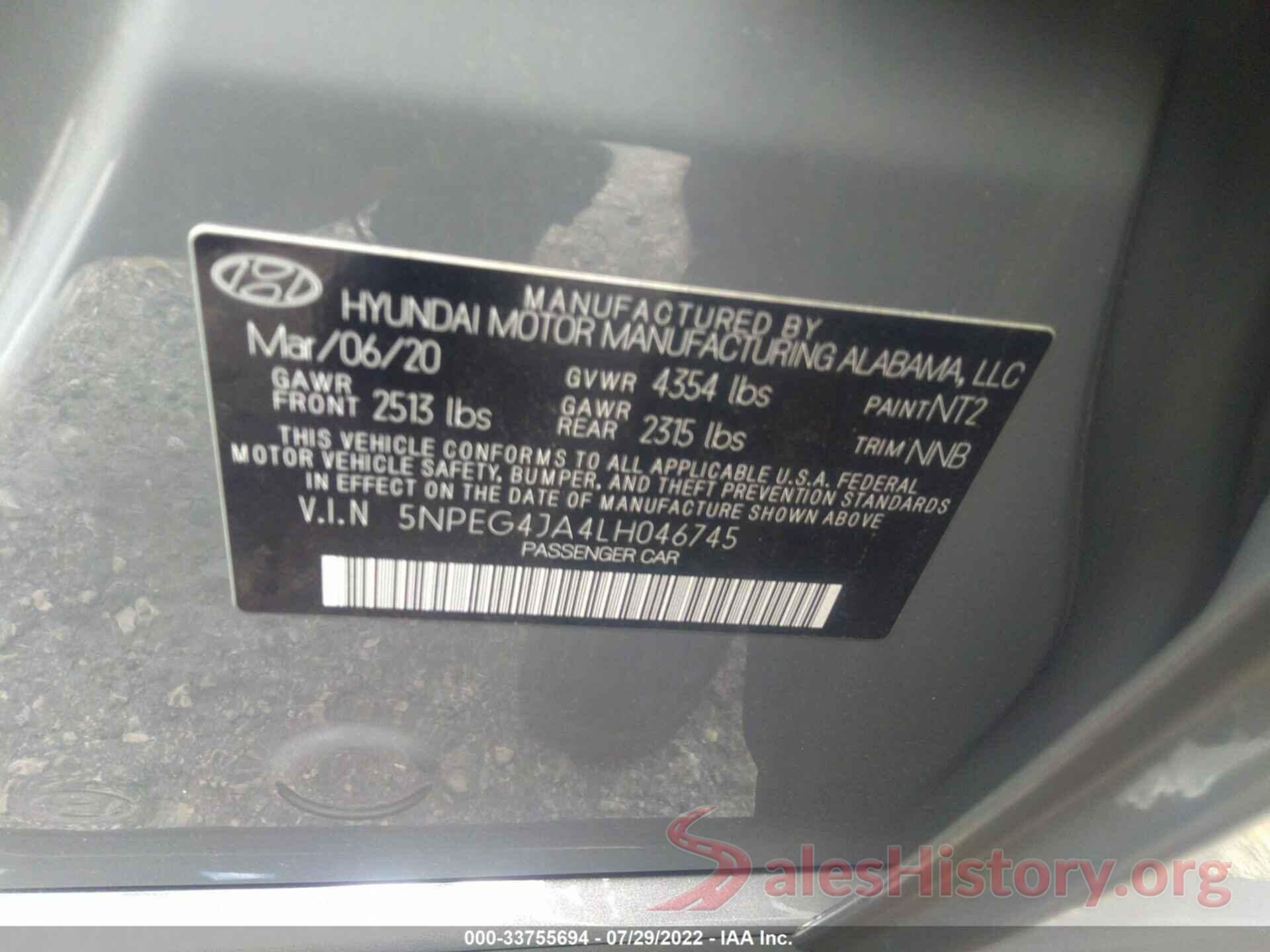 5NPEG4JA4LH046745 2020 HYUNDAI SONATA