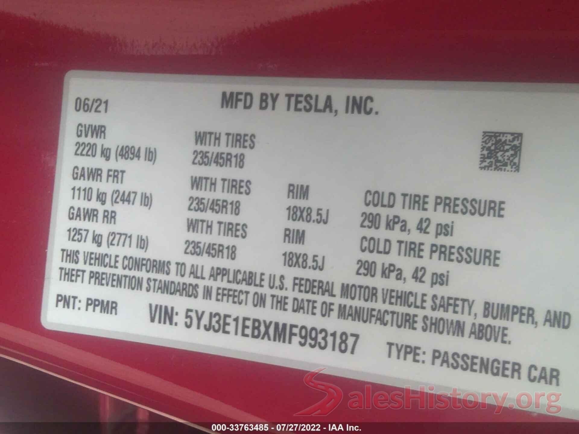 5YJ3E1EBXMF993187 2021 TESLA MODEL 3