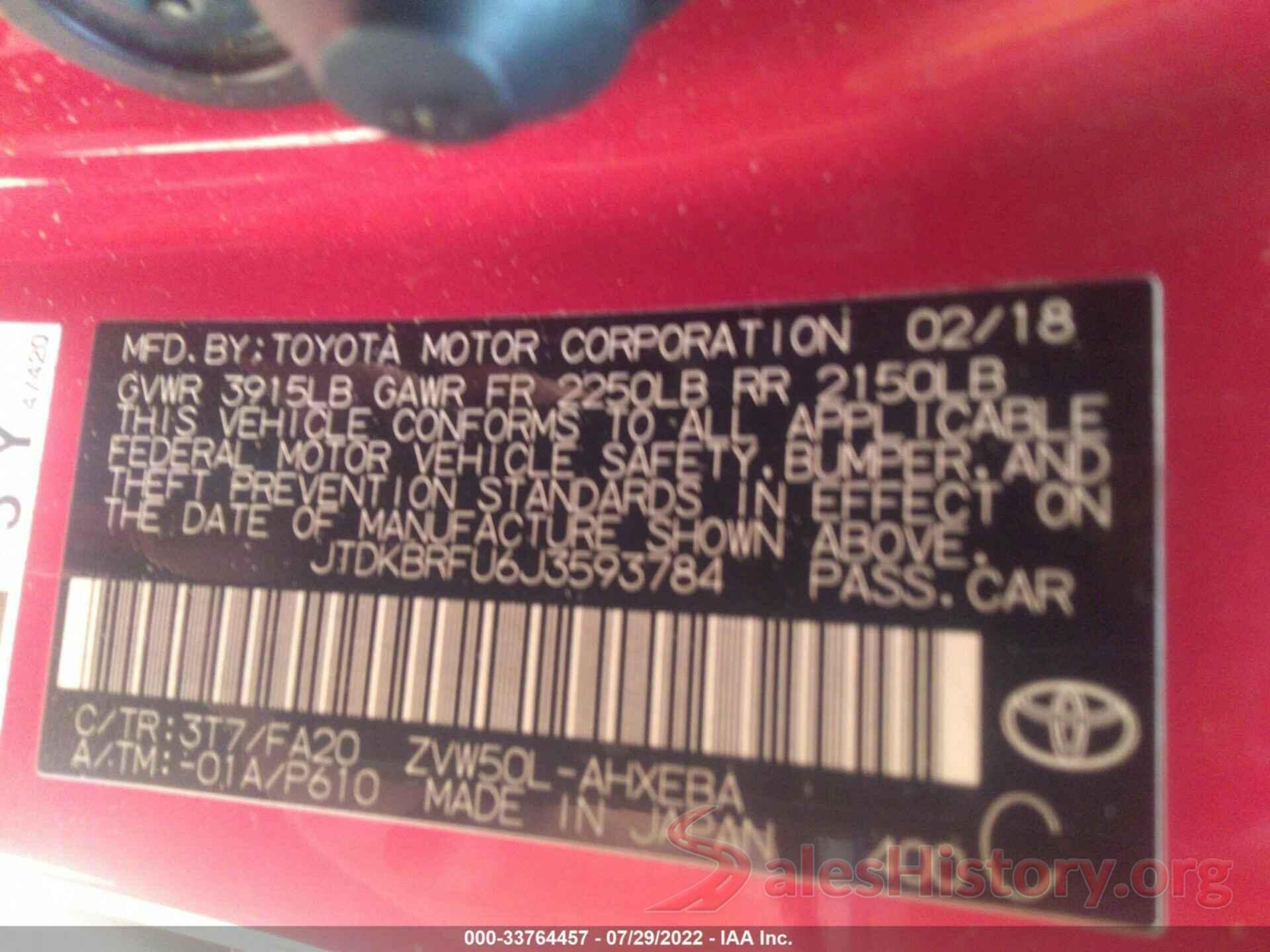 JTDKBRFU6J3593784 2018 TOYOTA PRIUS