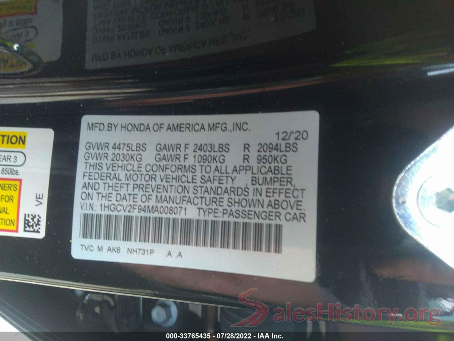 1HGCV2F94MA008071 2021 HONDA ACCORD SEDAN