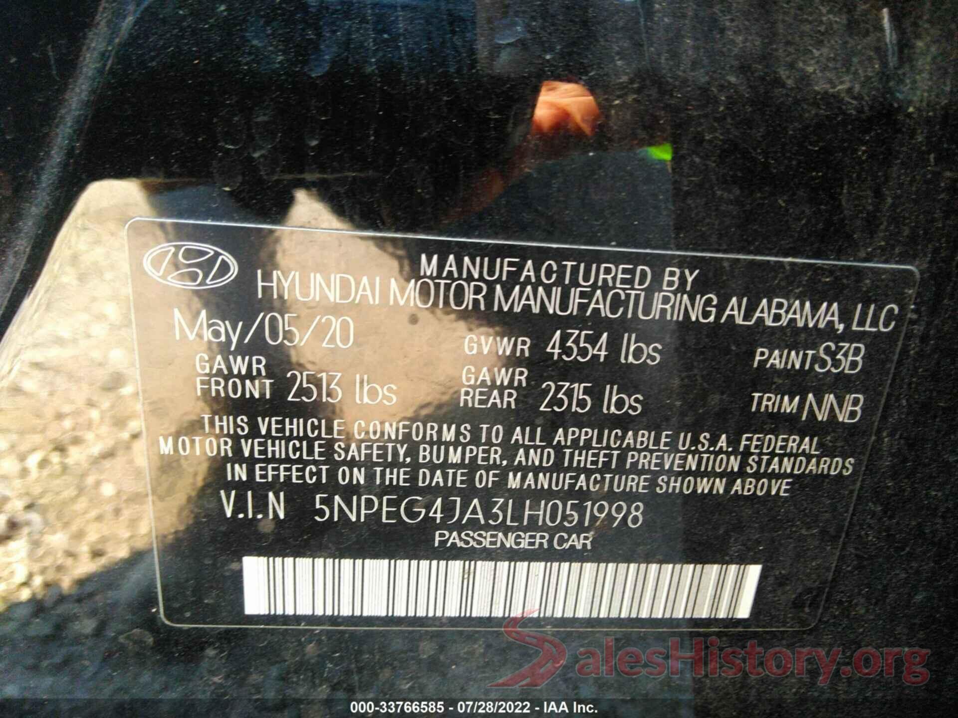 5NPEG4JA3LH051998 2020 HYUNDAI SONATA