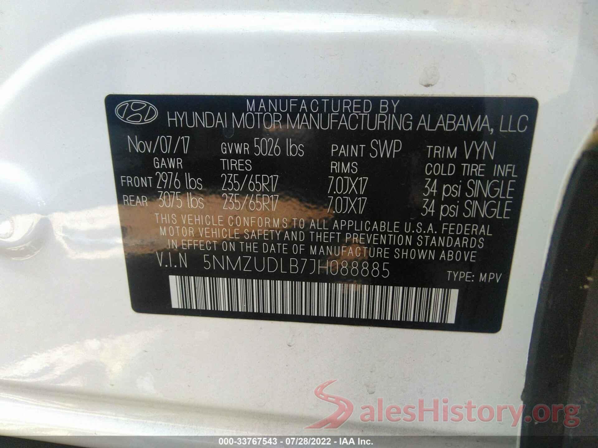 5NMZUDLB7JH088885 2018 HYUNDAI SANTA FE SPORT