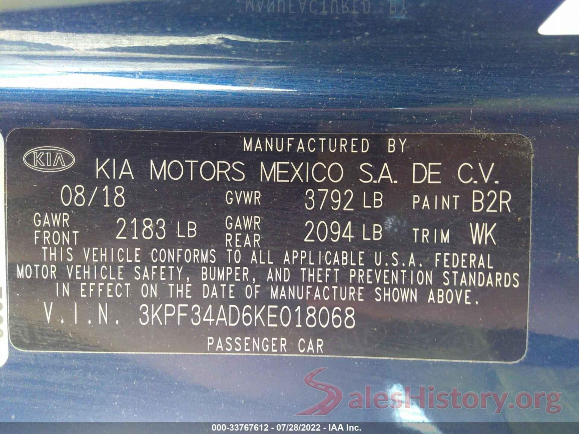 3KPF34AD6KE018068 2019 KIA FORTE