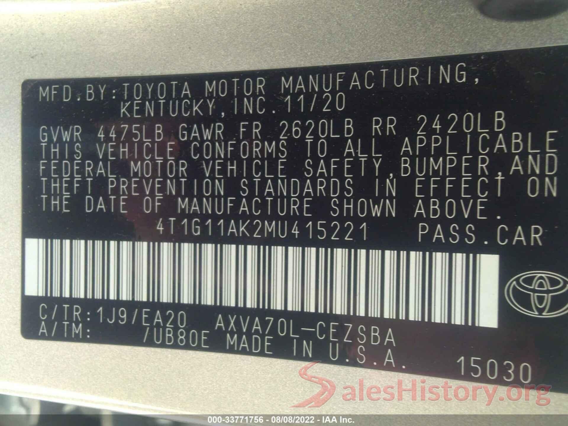 4T1G11AK2MU415221 2021 TOYOTA CAMRY