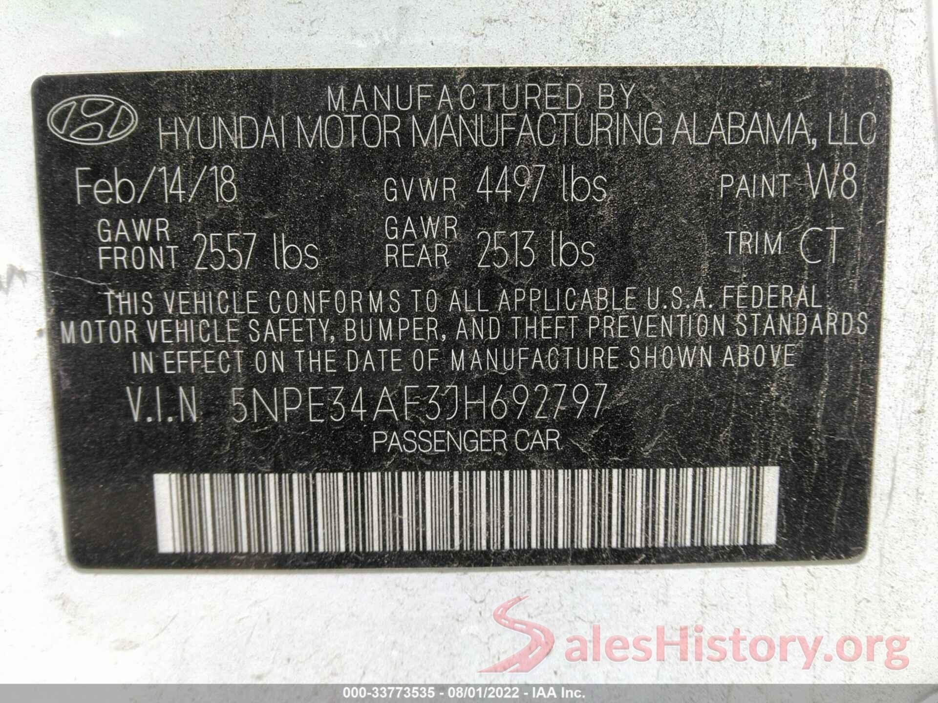 5NPE34AF3JH692797 2018 HYUNDAI SONATA