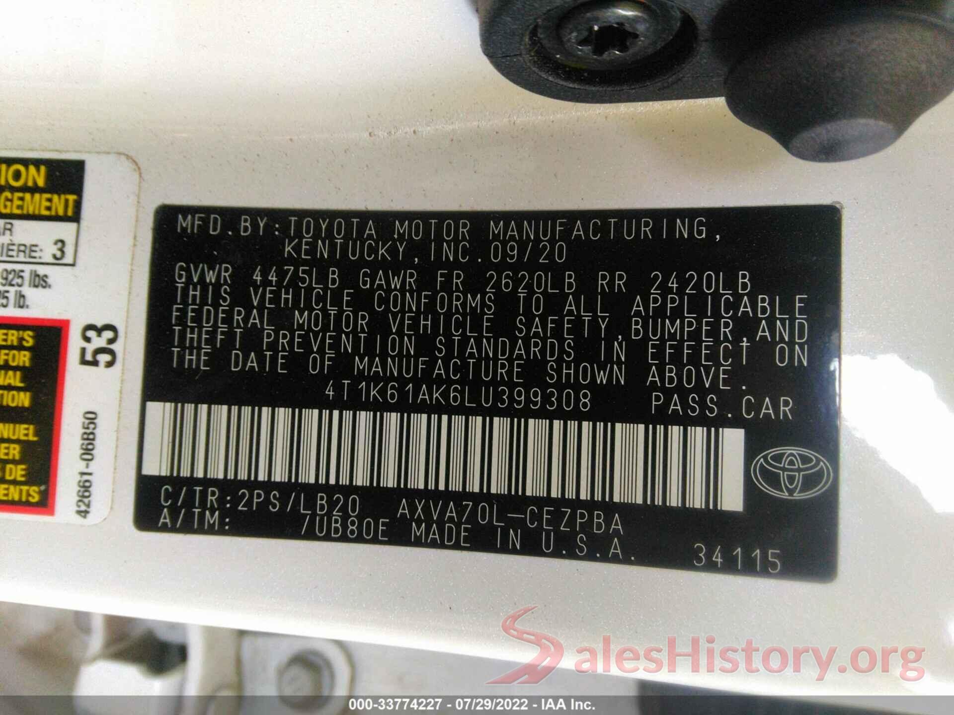 4T1K61AK6LU399308 2020 TOYOTA CAMRY