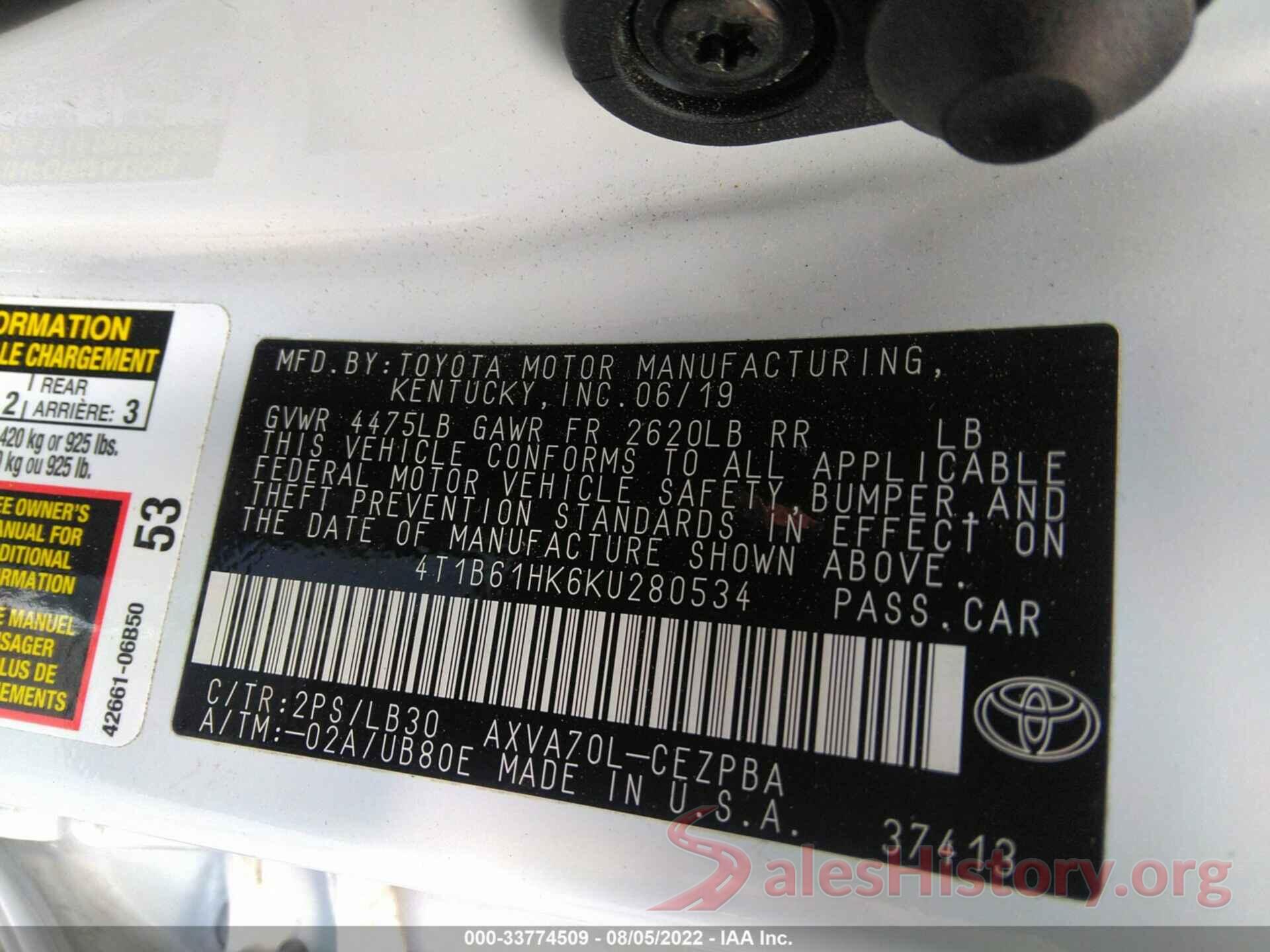 4T1B61HK6KU280534 2019 TOYOTA CAMRY