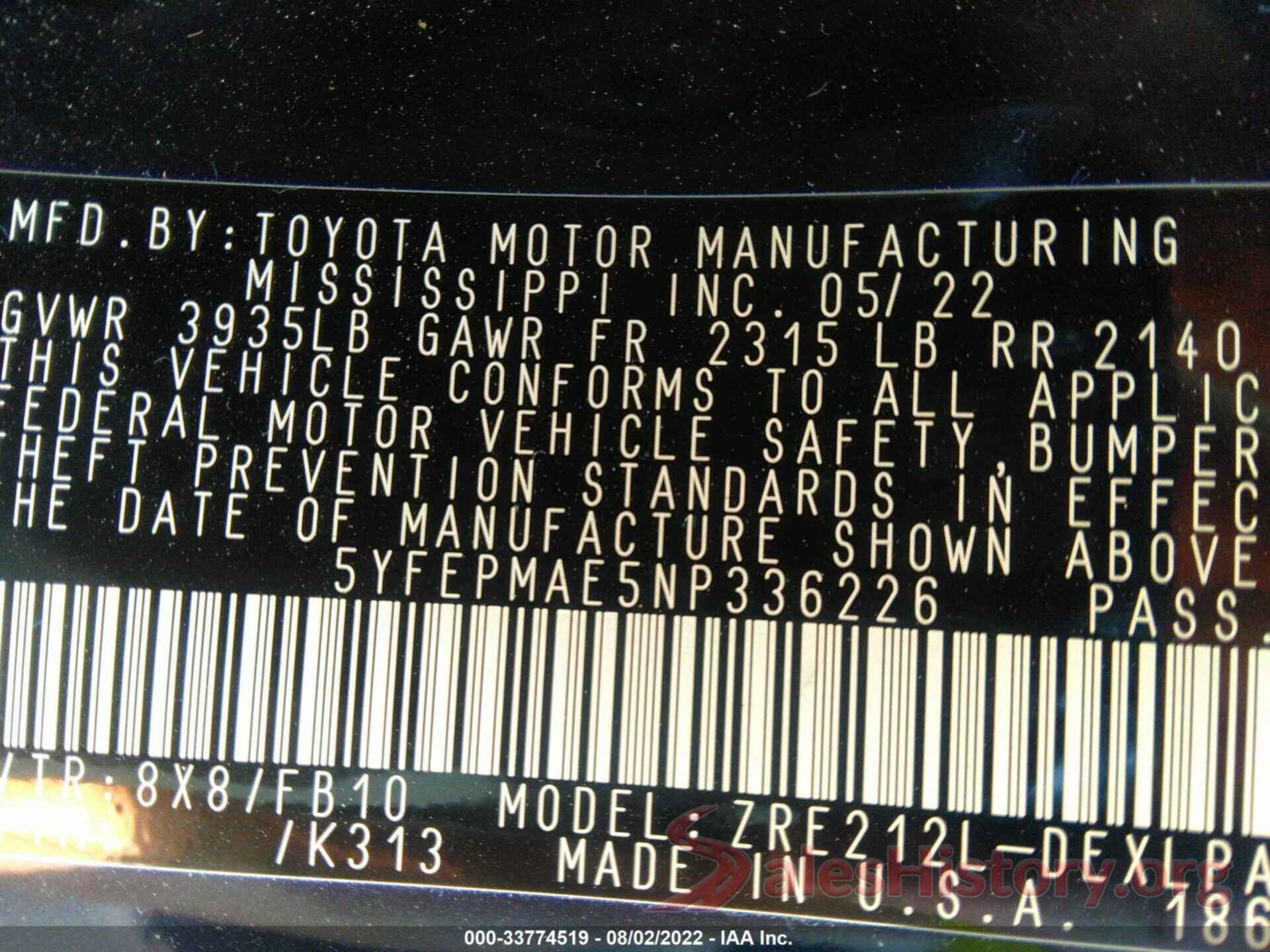 5YFEPMAE5NP336226 2022 TOYOTA COROLLA