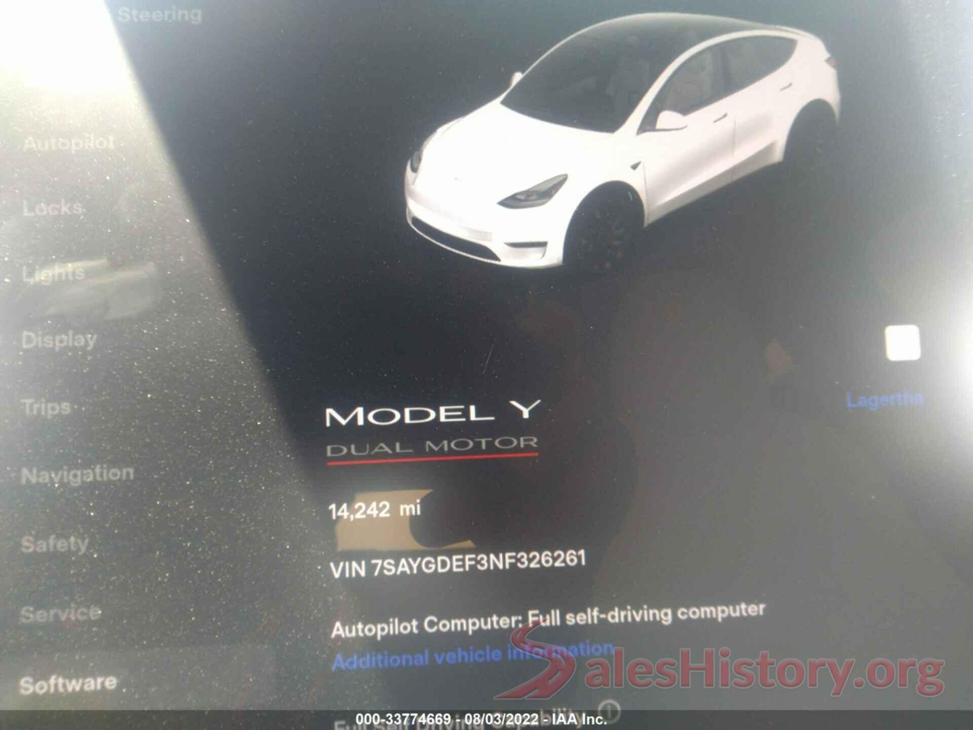 7SAYGDEF3NF326261 2022 TESLA MODEL Y