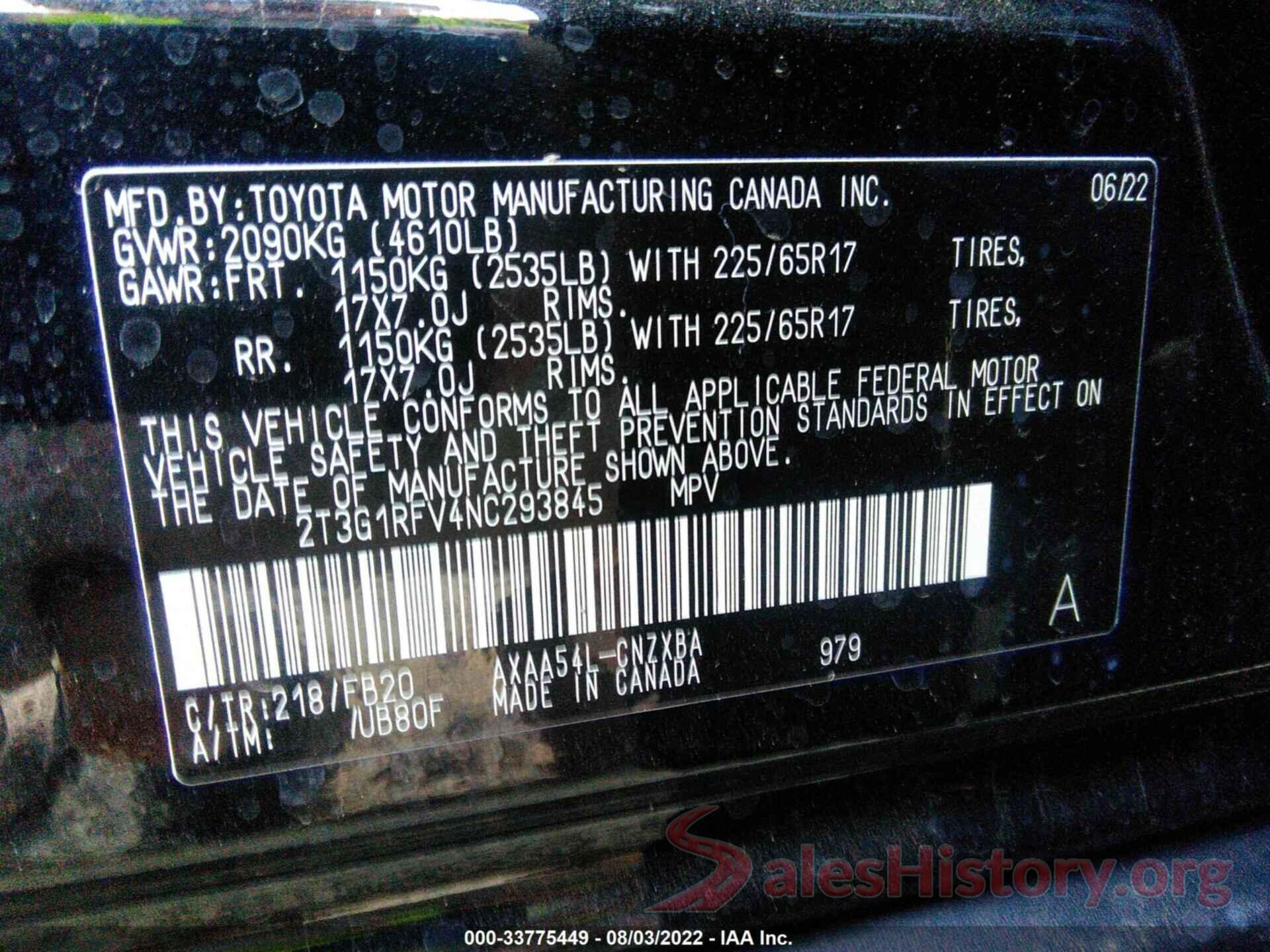 2T3G1RFV4NC293845 2022 TOYOTA RAV4