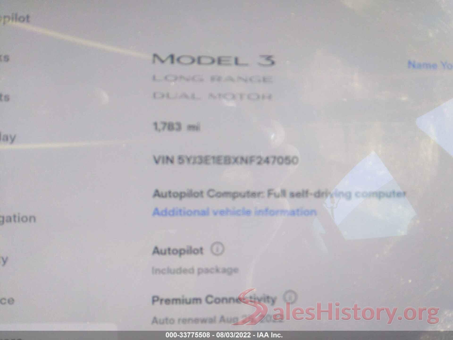 5YJ3E1EBXNF247050 2022 TESLA MODEL 3