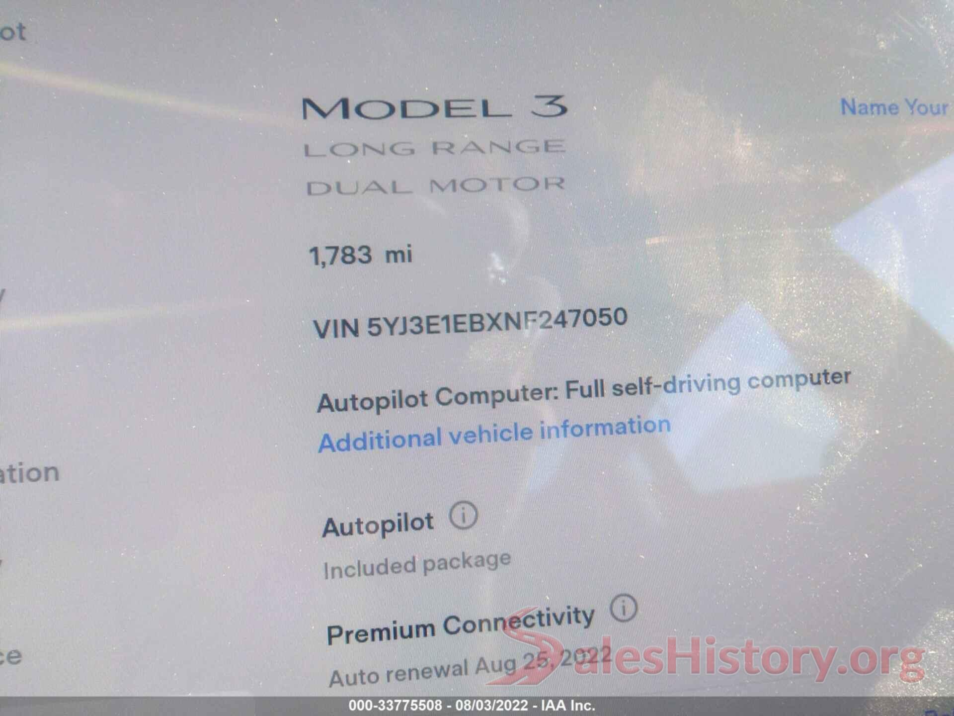 5YJ3E1EBXNF247050 2022 TESLA MODEL 3