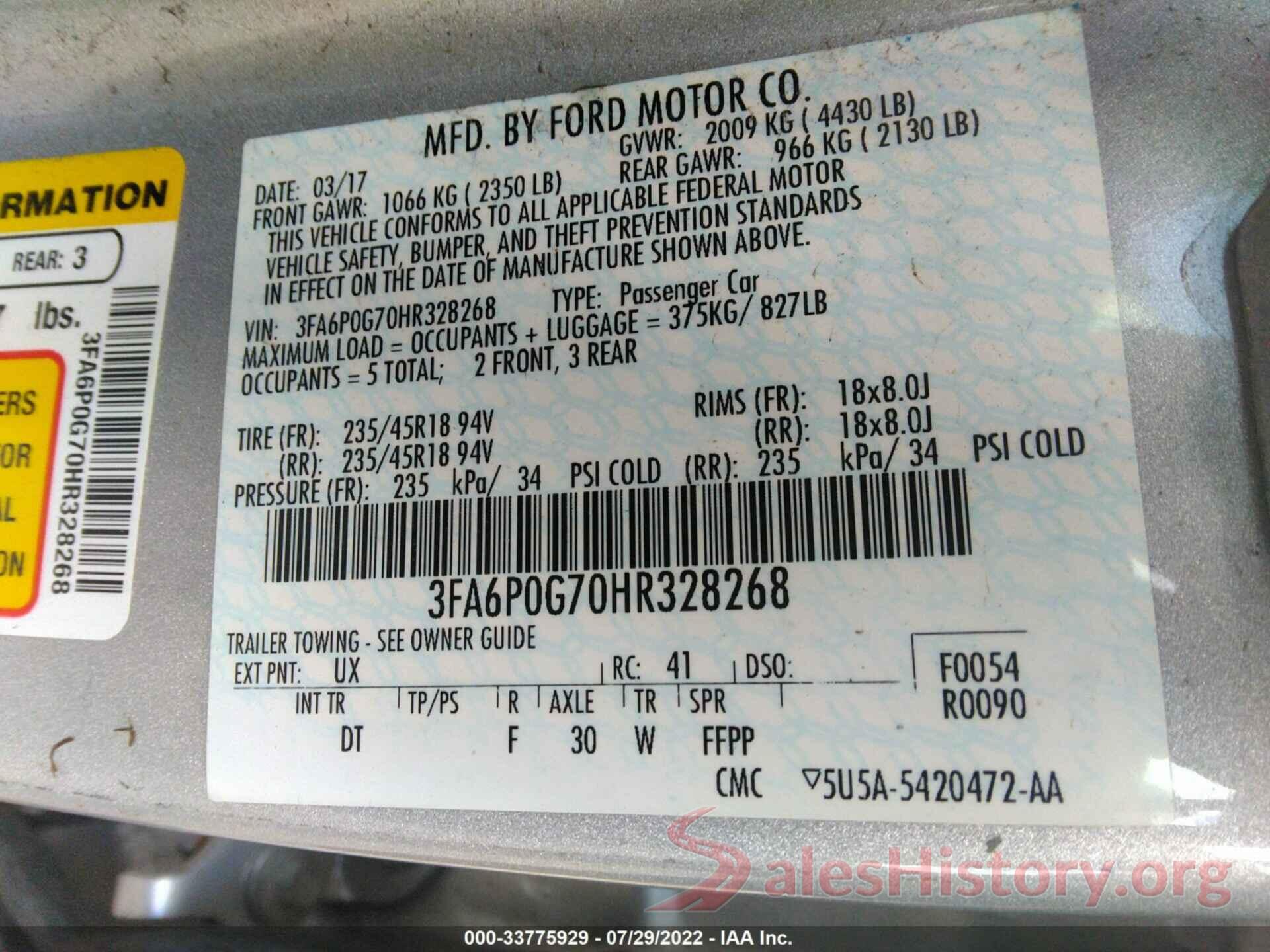 3FA6P0G70HR328268 2017 FORD FUSION