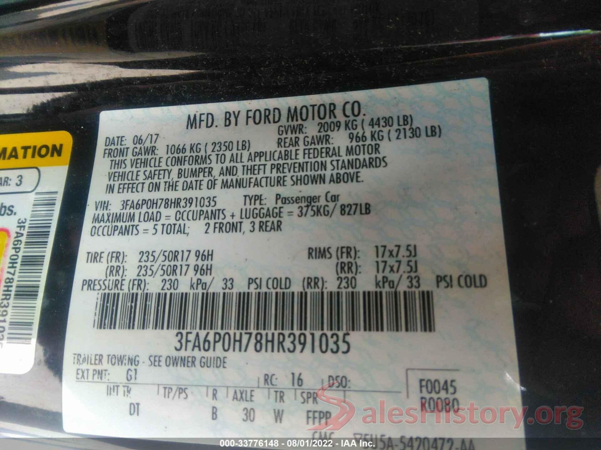 3FA6P0H78HR391035 2017 FORD FUSION