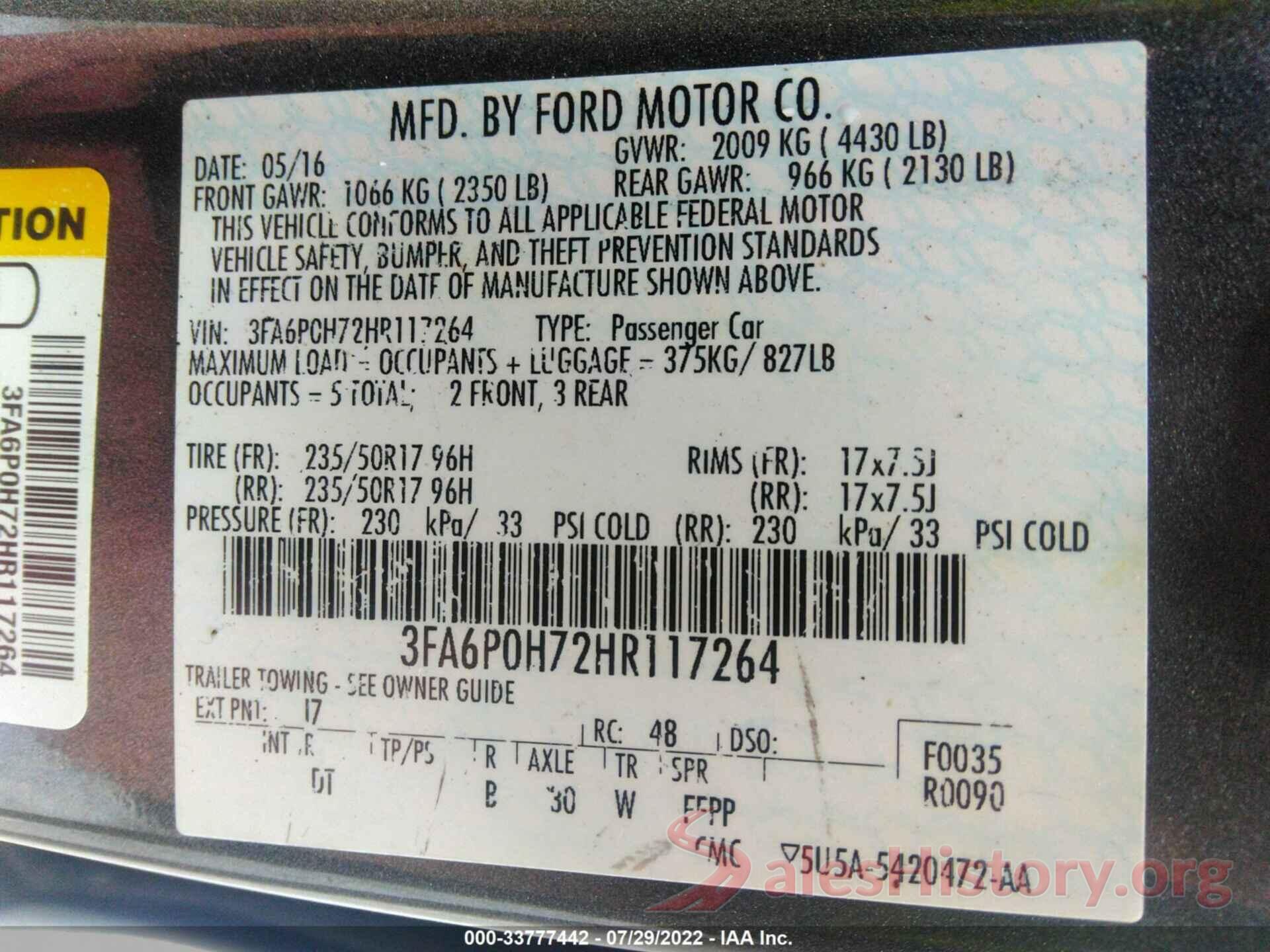 3FA6P0H72HR117264 2017 FORD FUSION