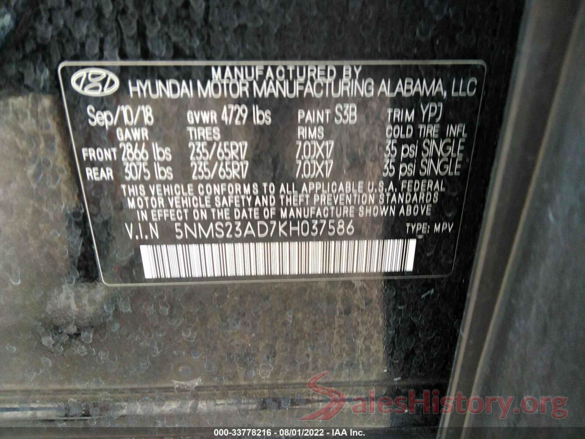 5NMS23AD7KH037586 2019 HYUNDAI SANTA FE