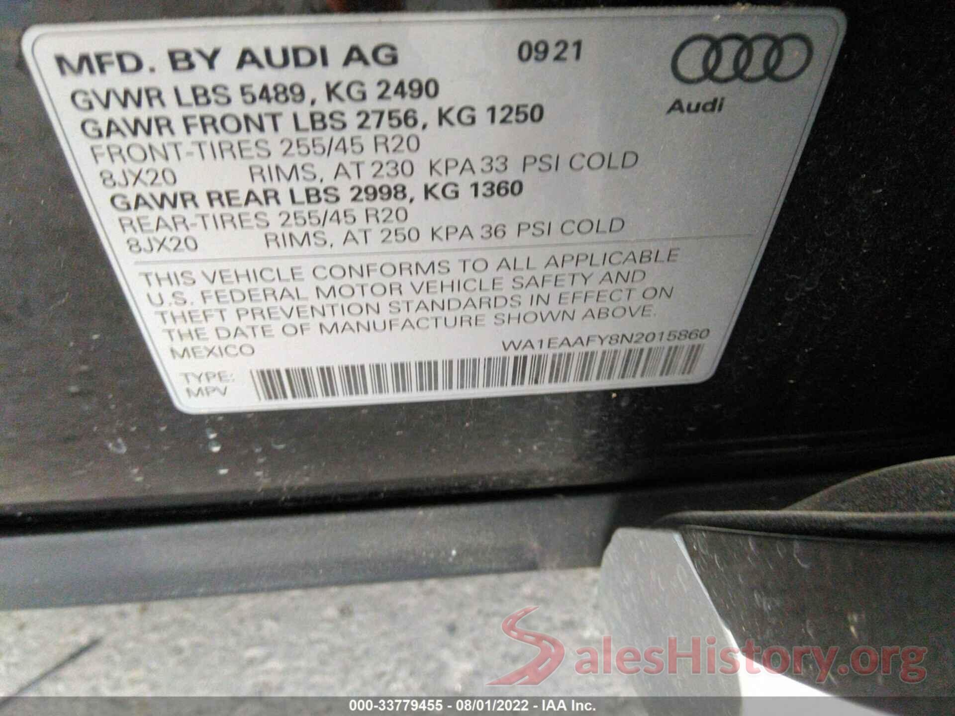 WA1EAAFY8N2015860 2022 AUDI Q5