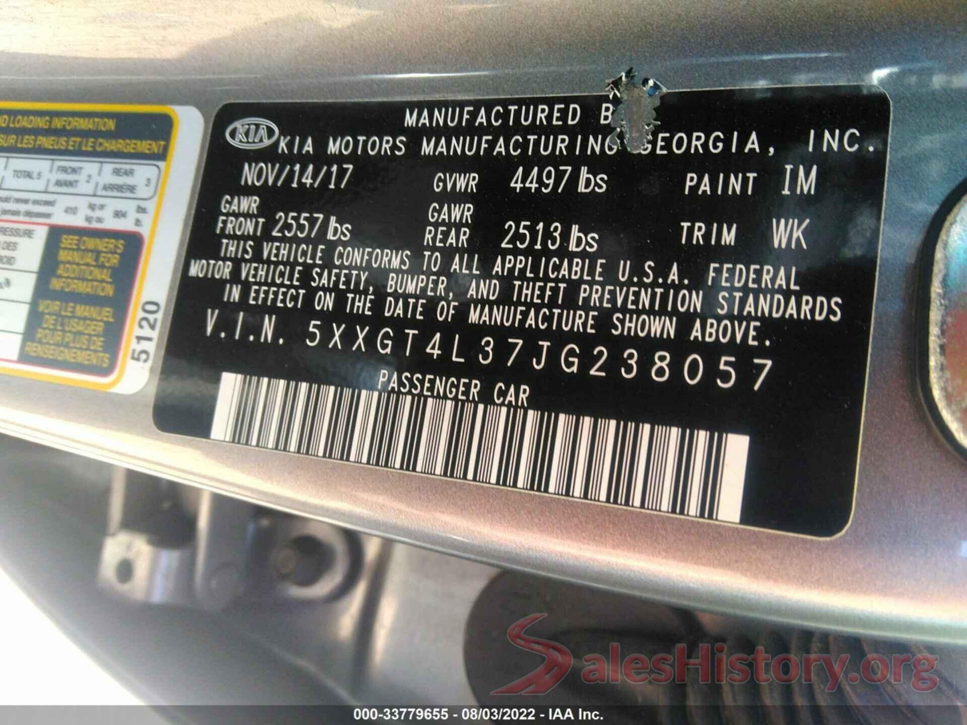 5XXGT4L37JG238057 2018 KIA OPTIMA