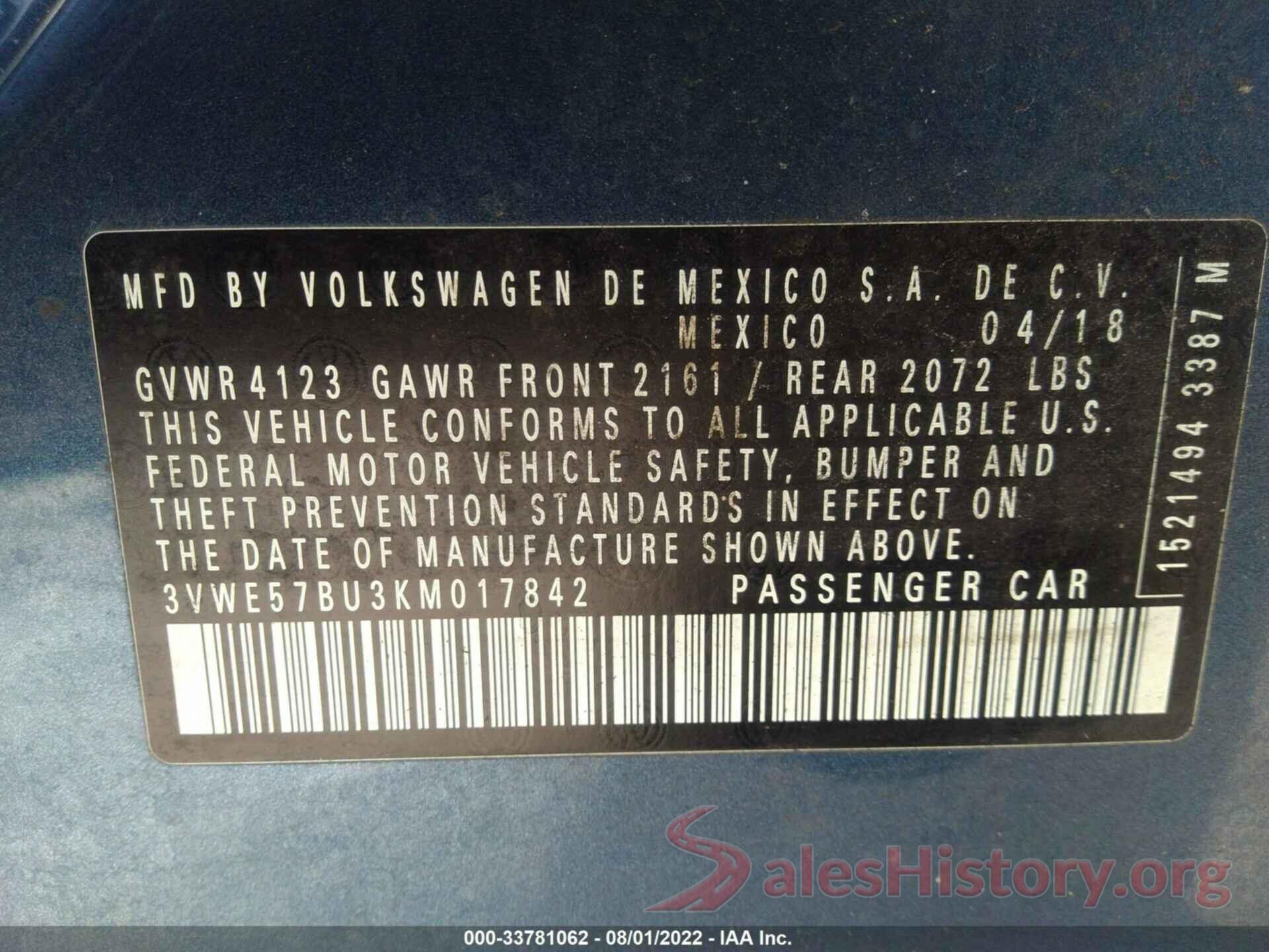 3VWE57BU3KM017842 2019 VOLKSWAGEN JETTA