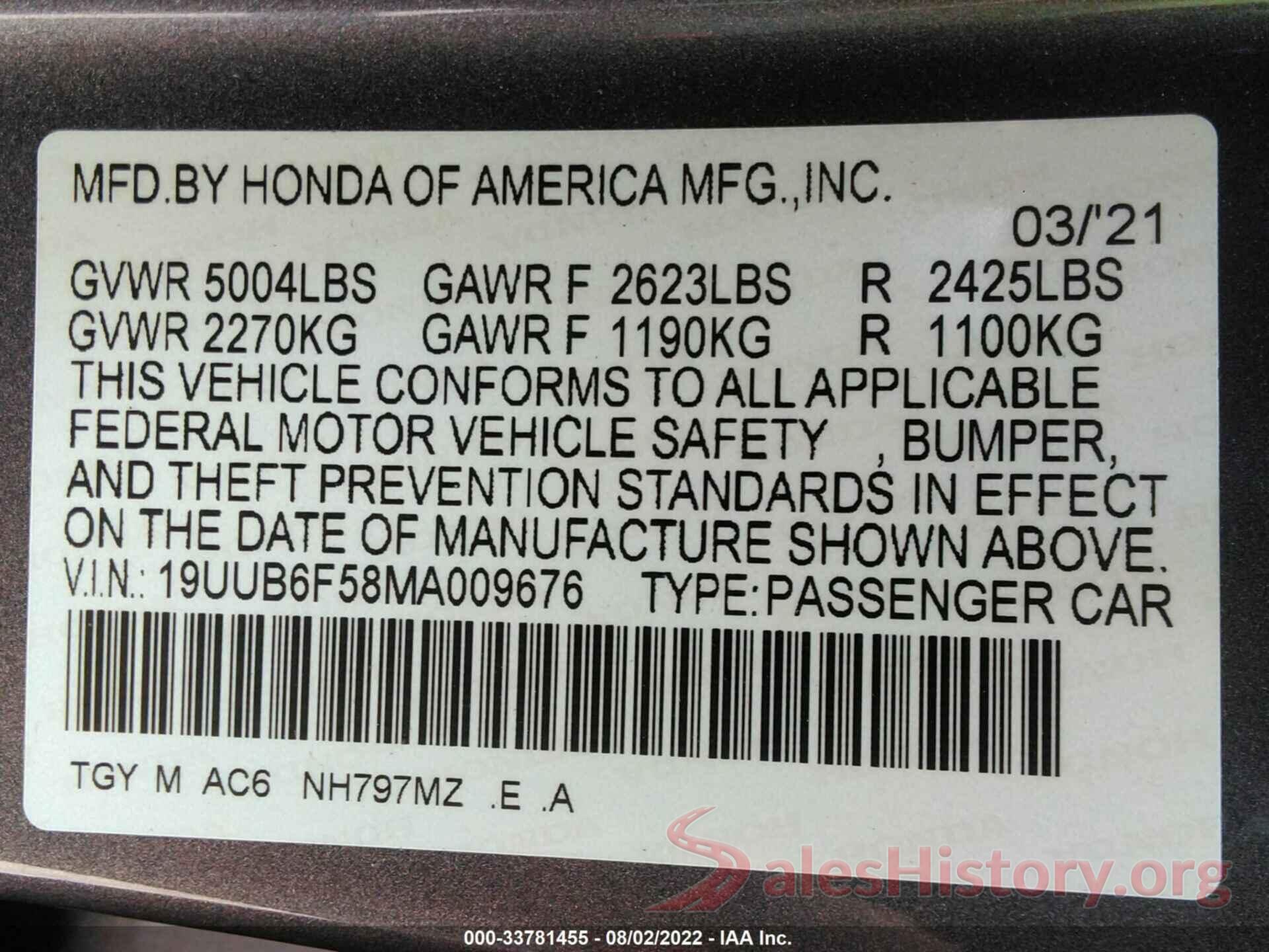 19UUB6F58MA009676 2021 ACURA TLX