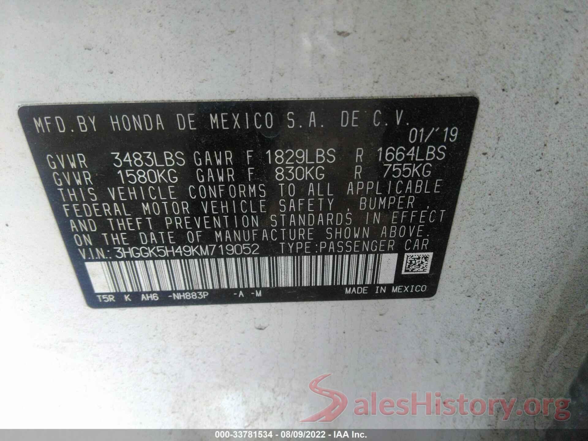 3HGGK5H49KM719052 2019 HONDA FIT