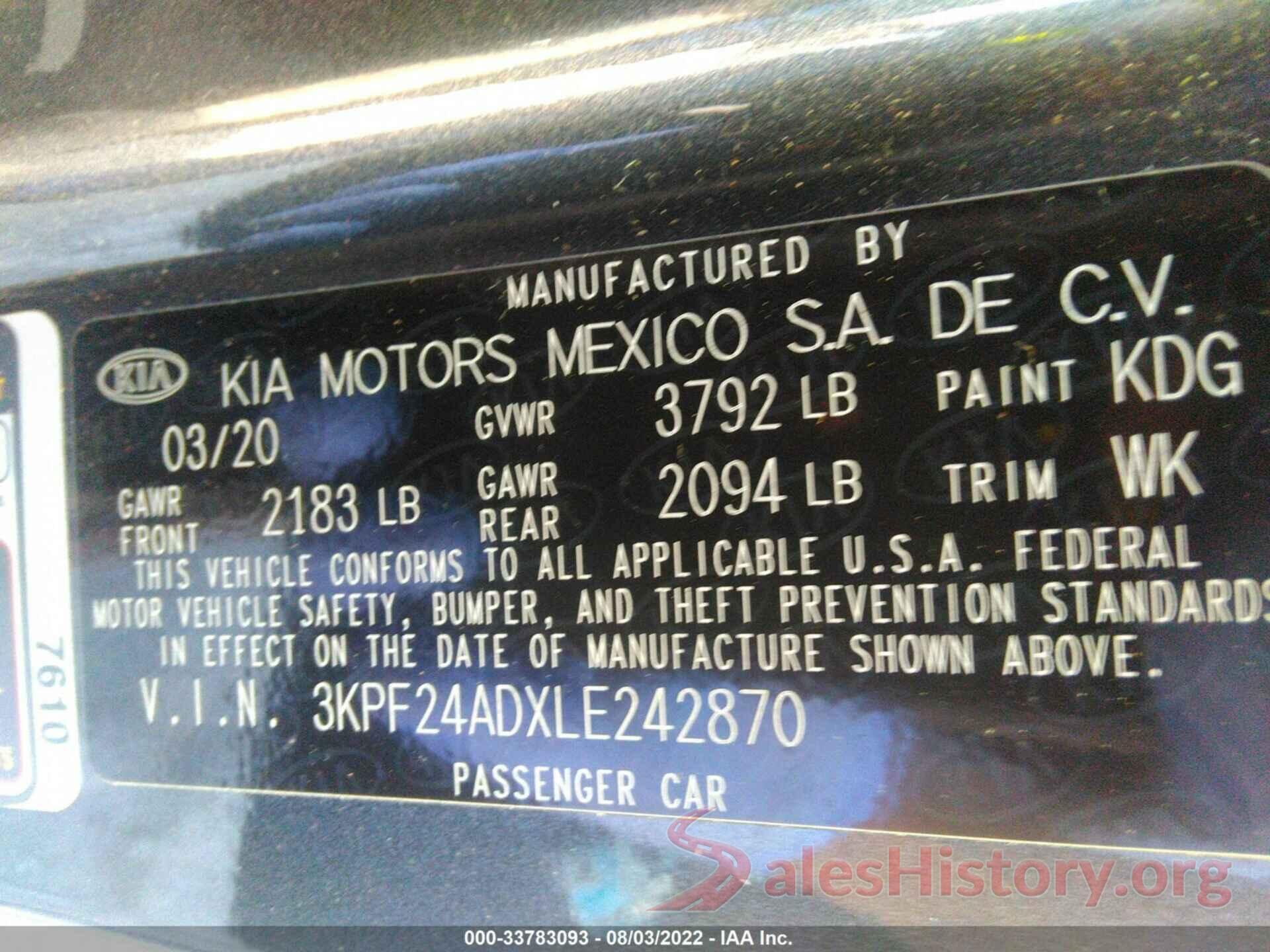 3KPF24ADXLE242870 2020 KIA FORTE