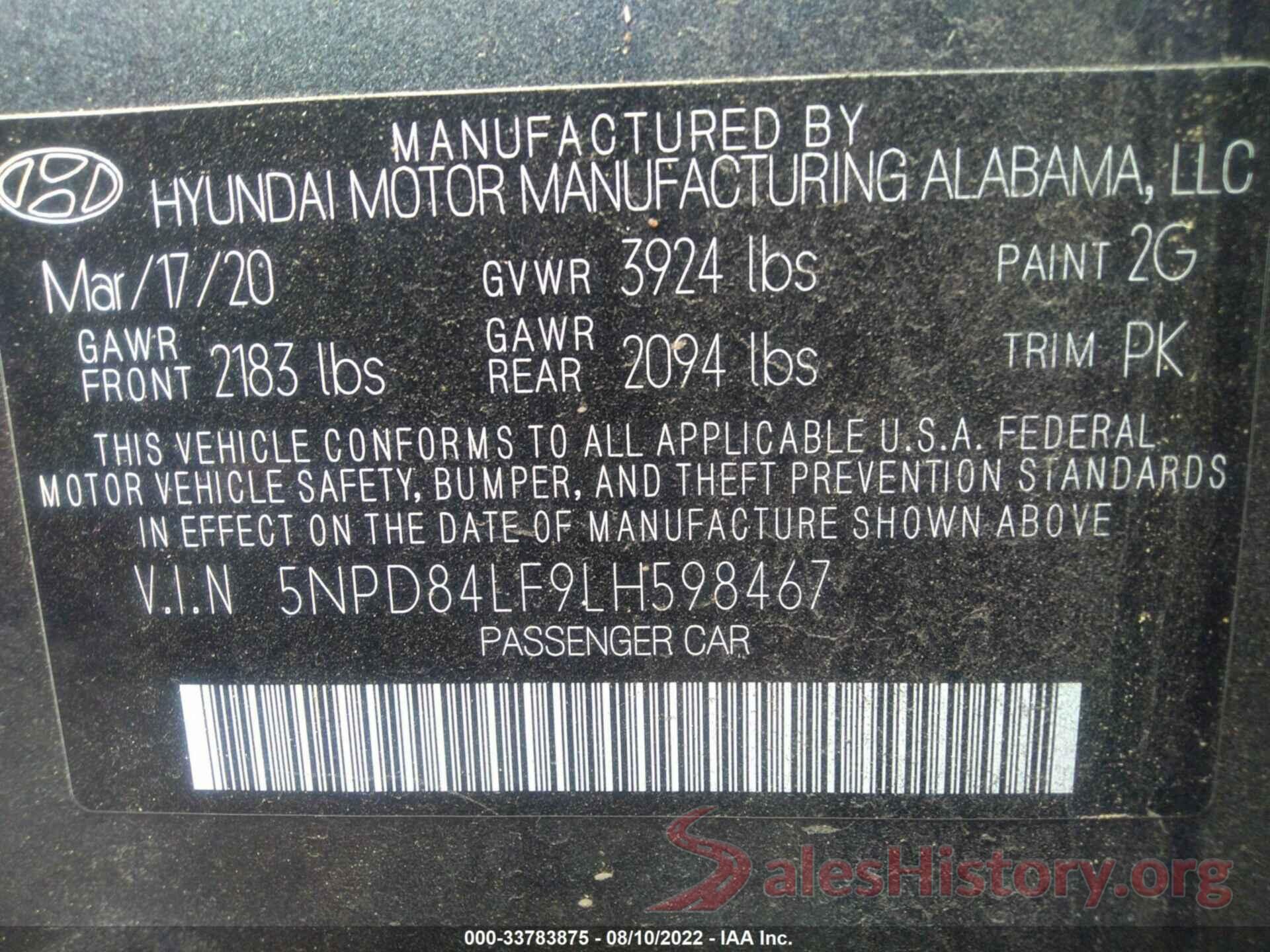 5NPD84LF9LH598467 2020 HYUNDAI ELANTRA