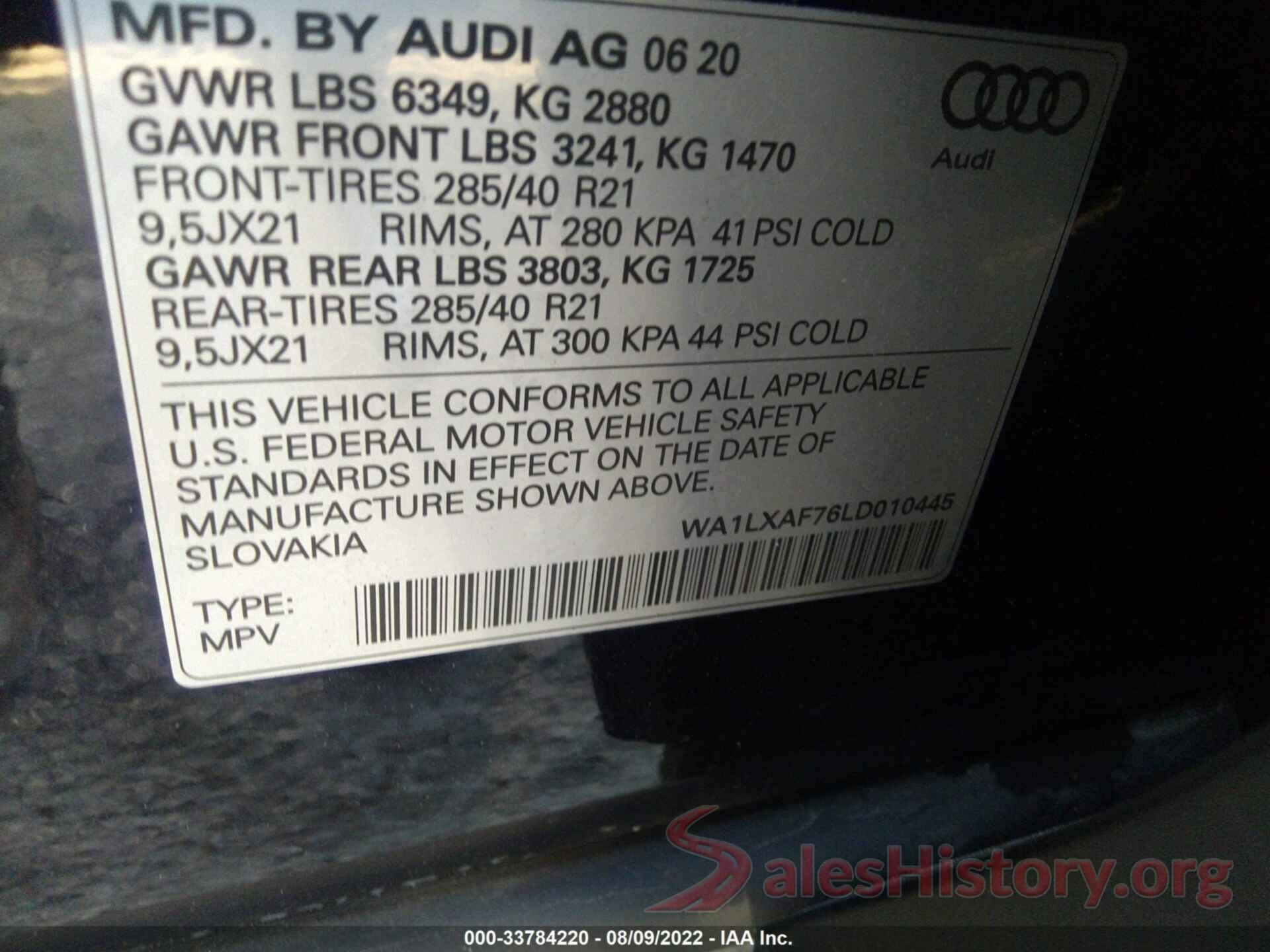 WA1LXAF76LD010445 2020 AUDI Q7