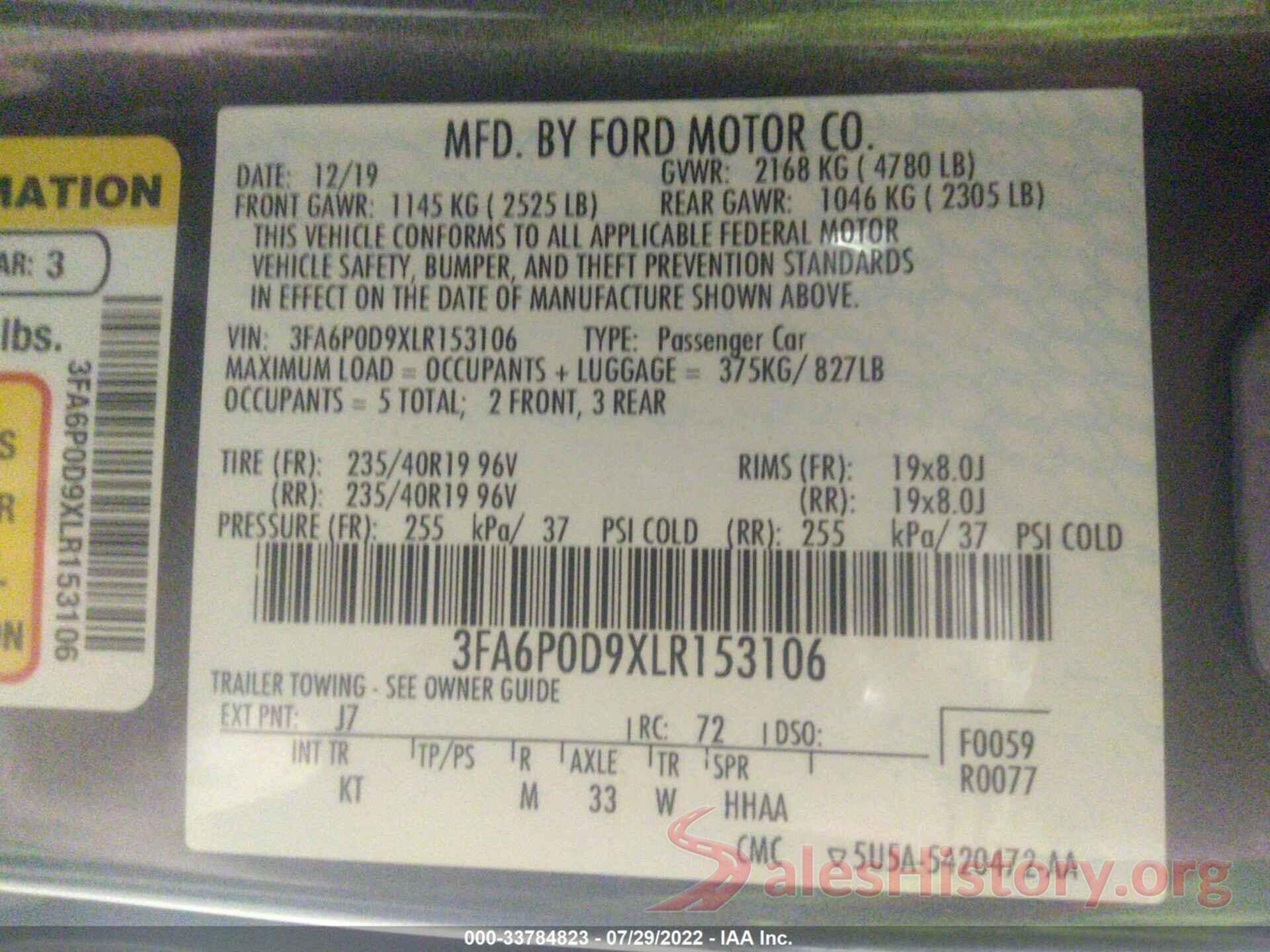 3FA6P0D9XLR153106 2020 FORD FUSION