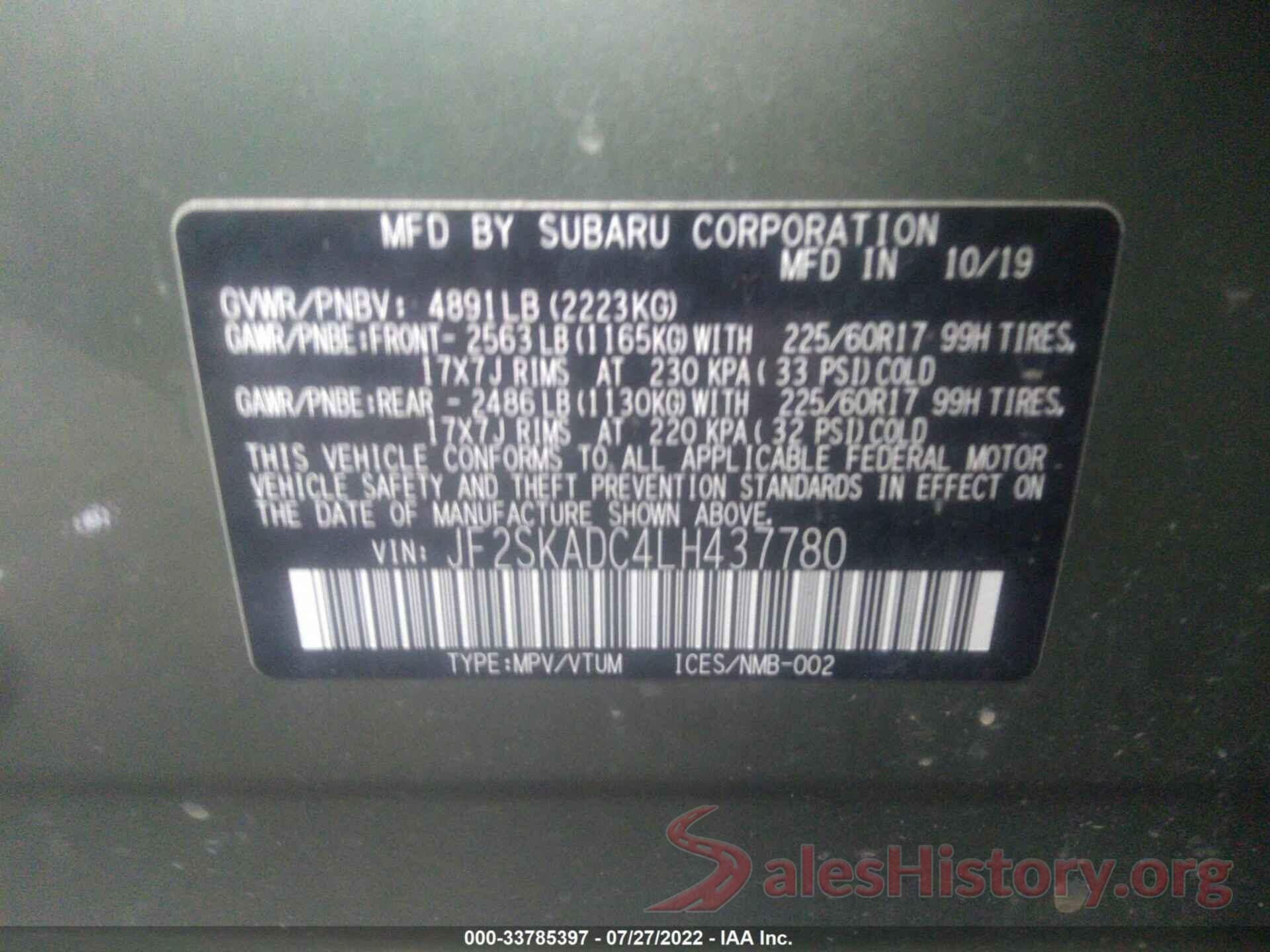 JF2SKADC4LH437780 2020 SUBARU FORESTER