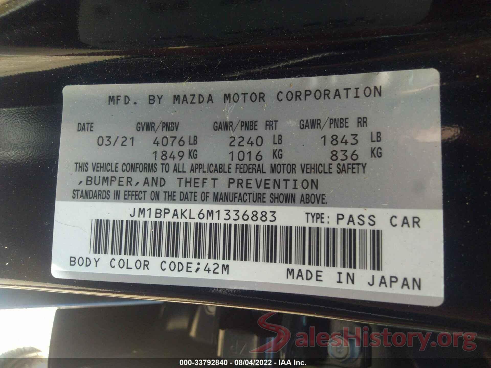 JM1BPAKL6M1336883 2021 MAZDA MAZDA3 HATCHBACK